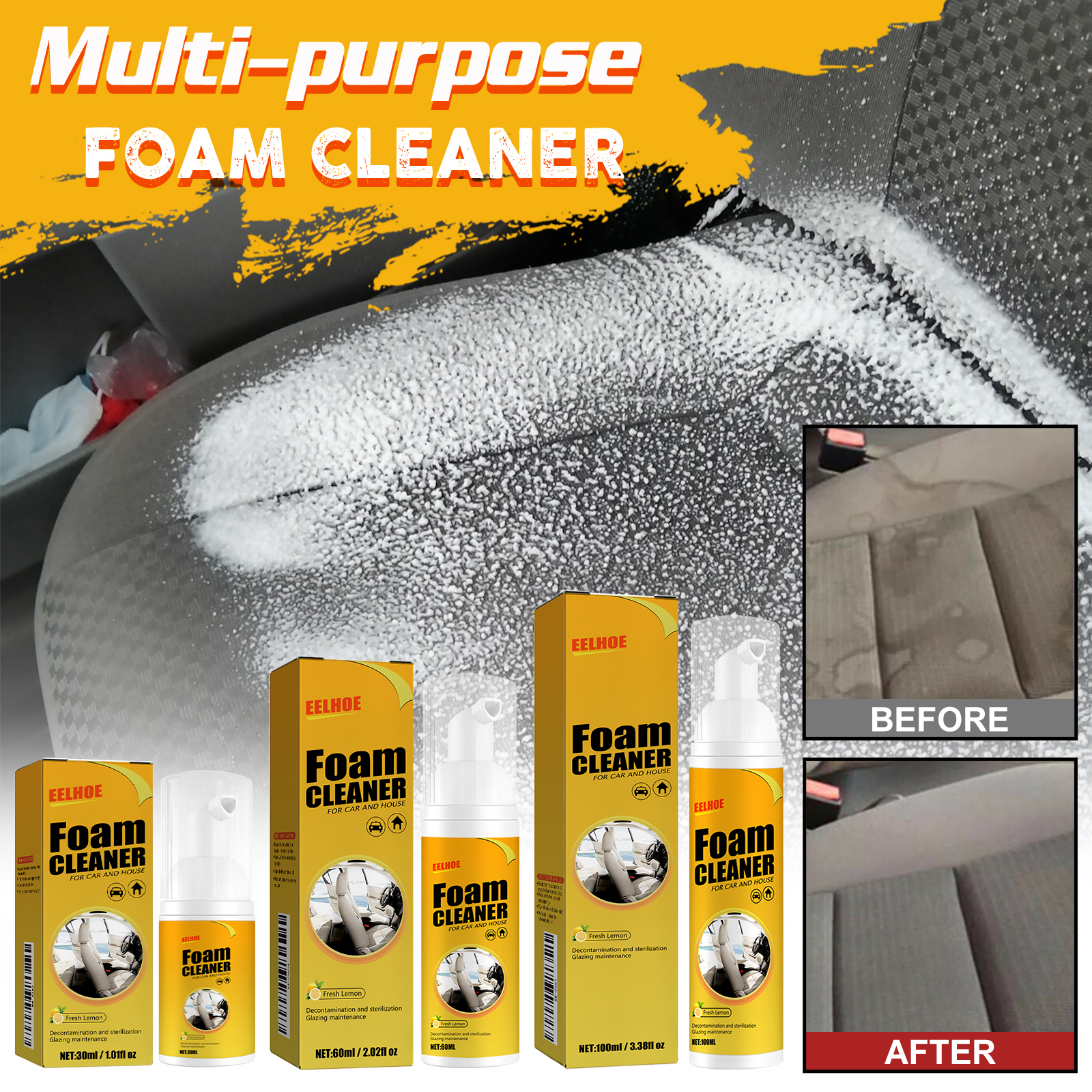 Automotive foam cleaner shown on seats and interior