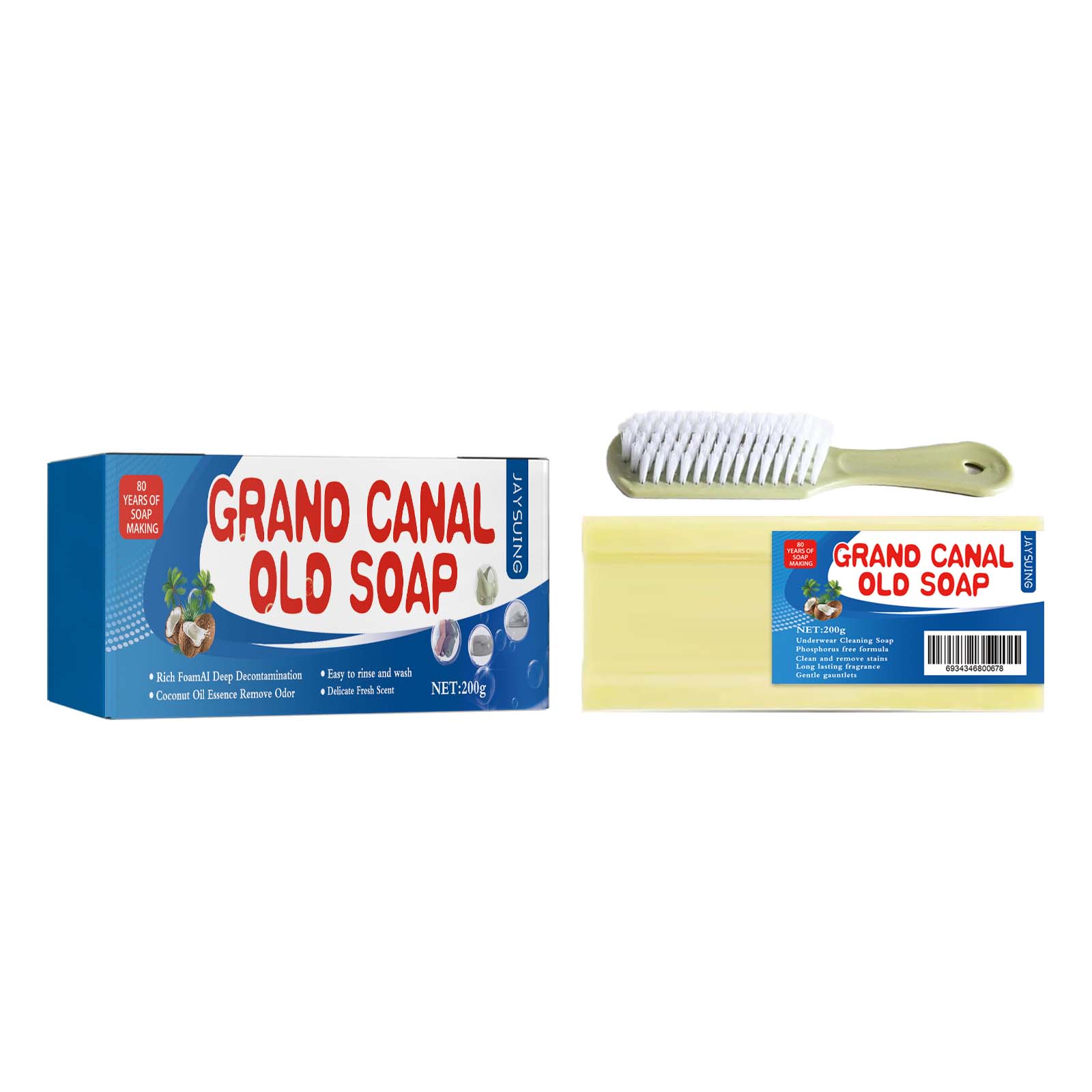 Laundry soap box and bar with white cleaning brush