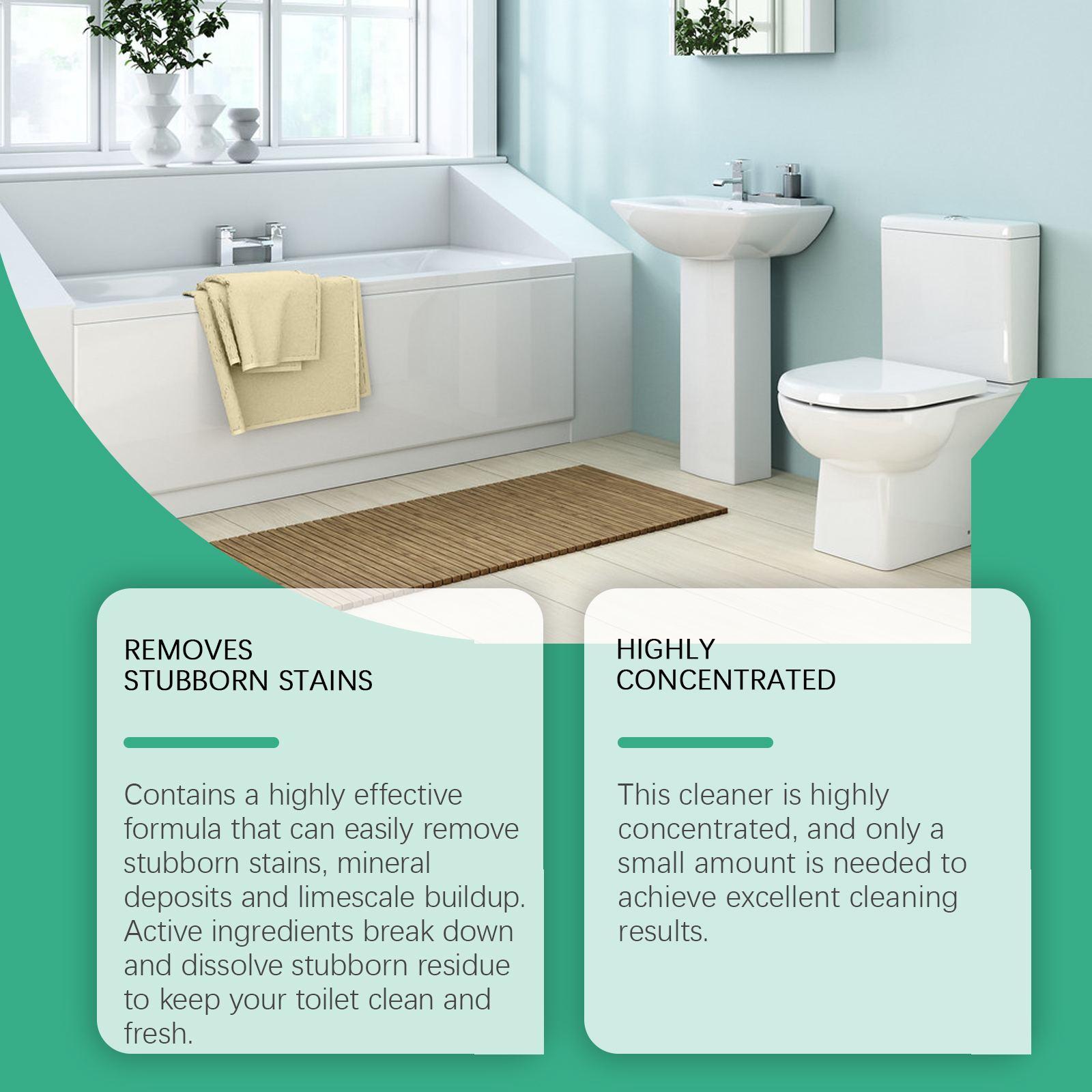 Bathroom cleaner spray shown beside stubborn stain benefit