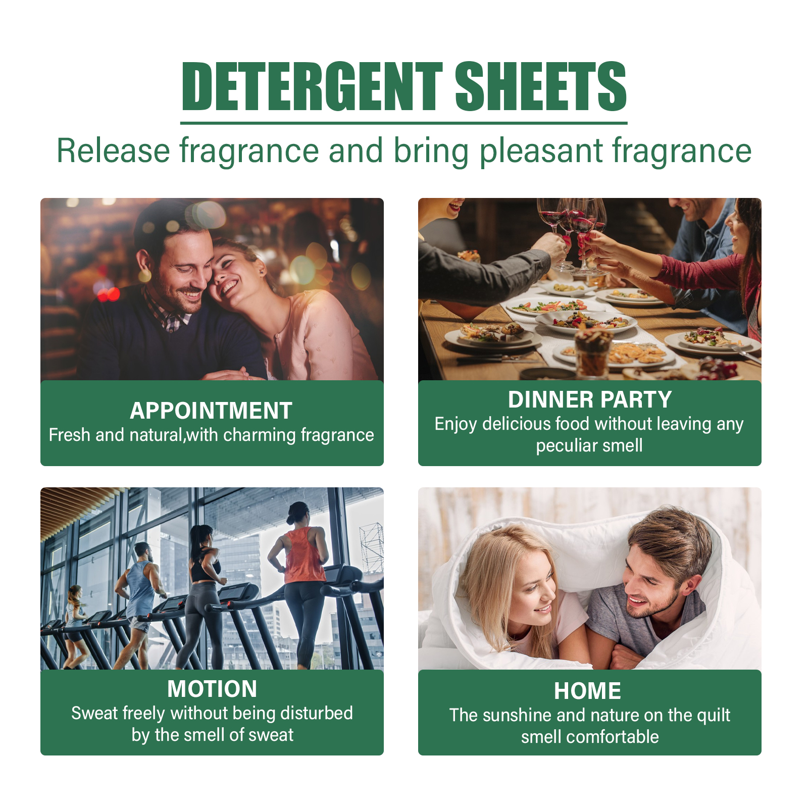 Detergent sheet fragrance lifestyle graphic with laundry scenes