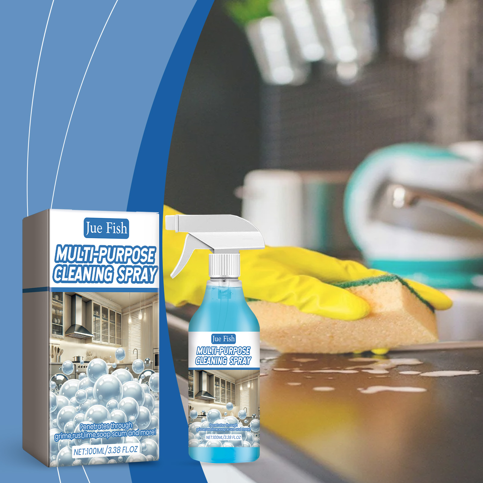Cleaner beside sponge wiping greasy kitchen surface