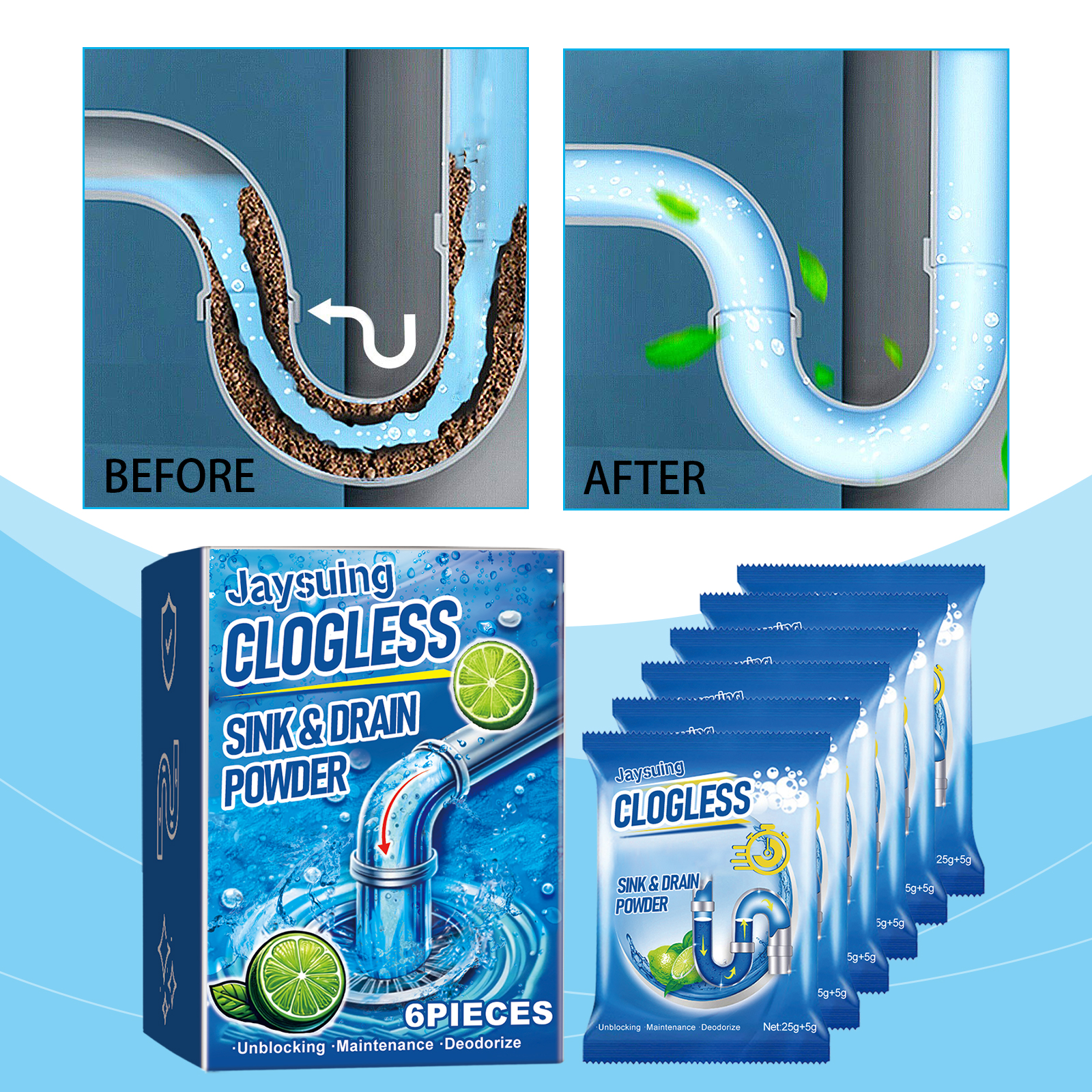 Drain cleaning powder packaging beside before and after pipes