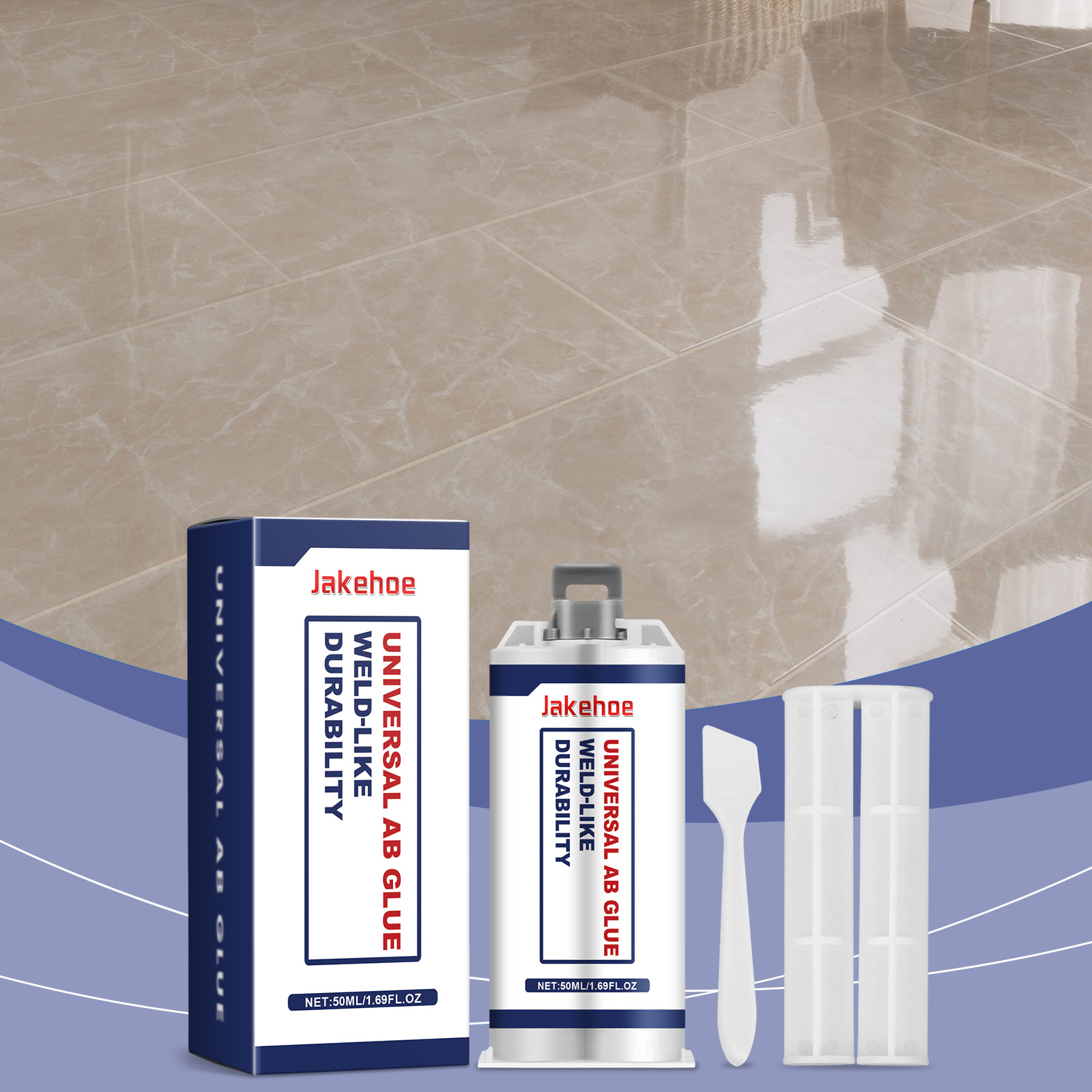Adhesive kit positioned for floor and tile repairs
