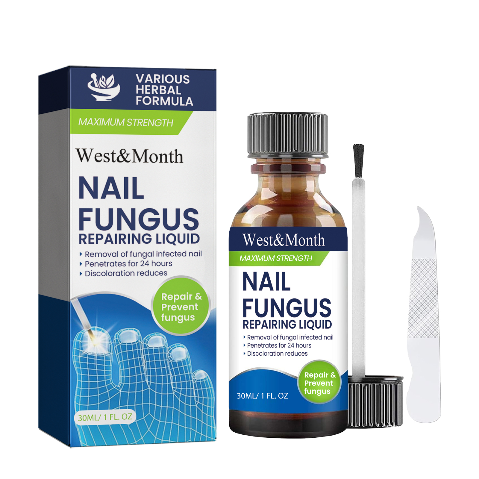 Close view of nail liquid bottle and brush applicator