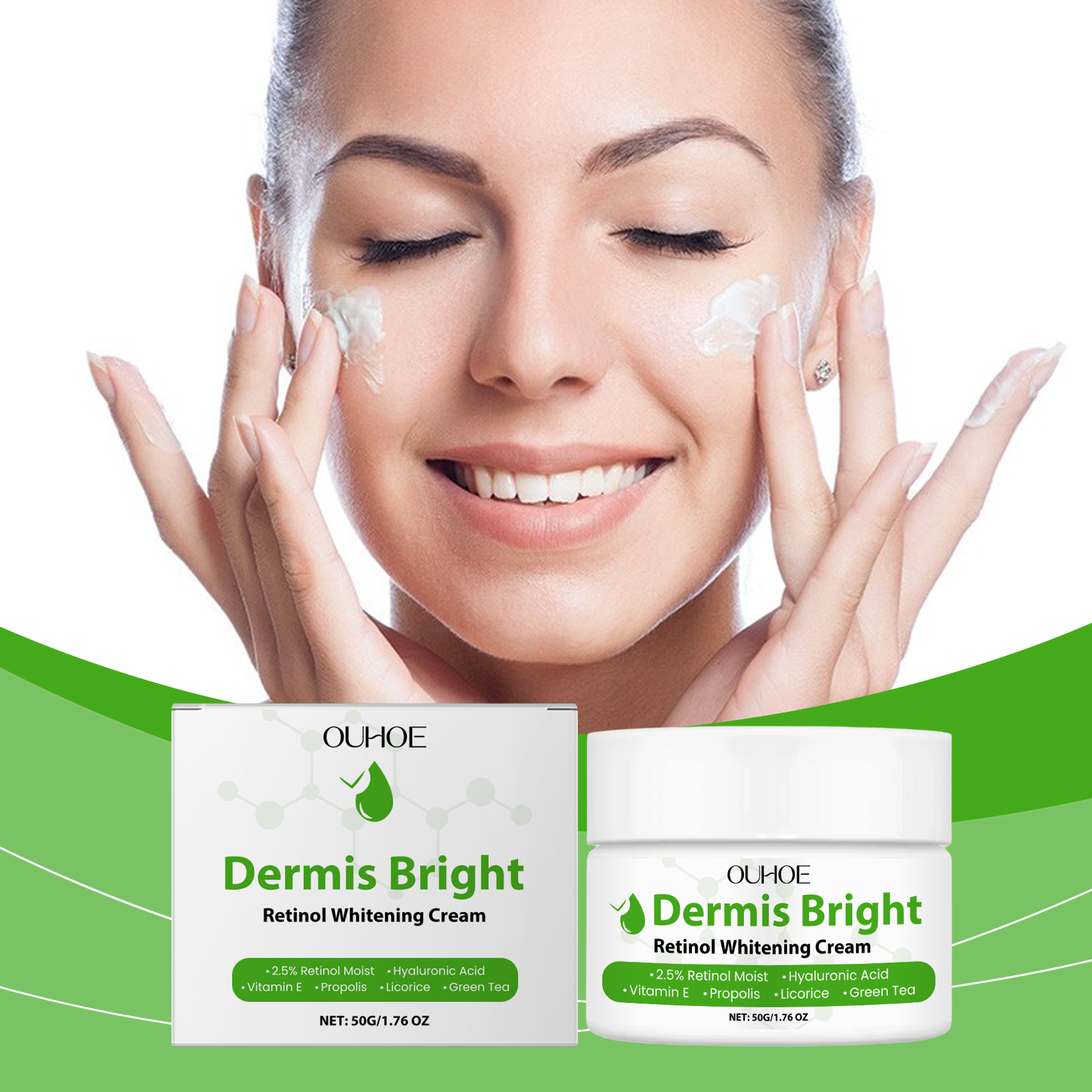 Woman applying retinol cream to both cheeks