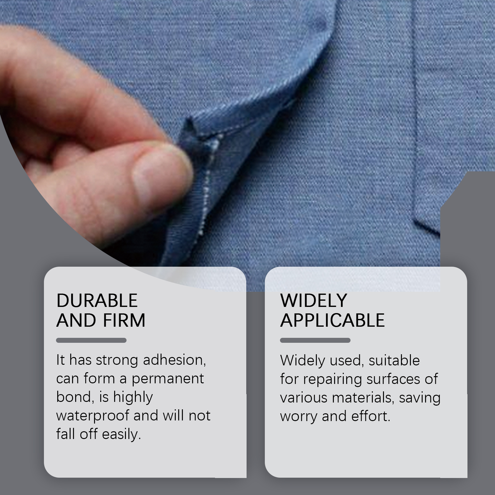 Denim seam repair with strong adhesive claim