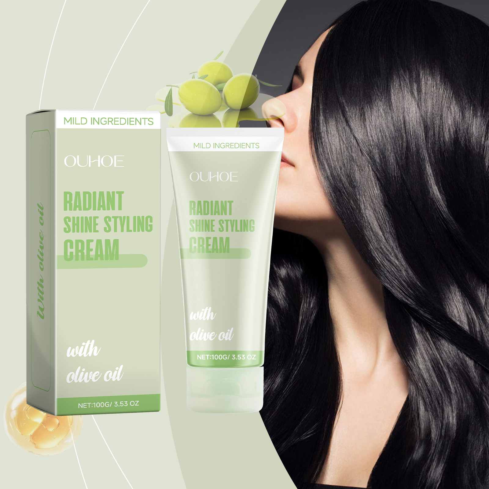 Hair care cream packaging beside glossy long hair