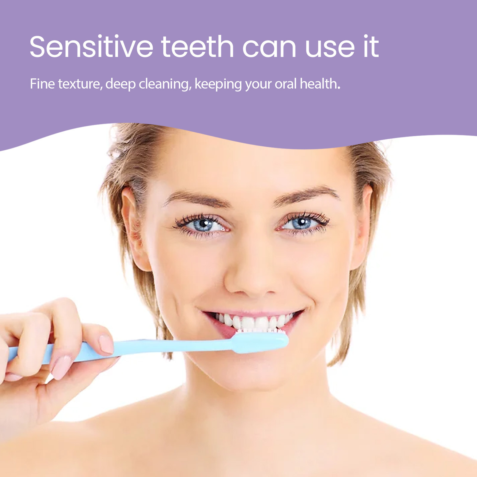Woman using purple toothpaste with blue toothbrush