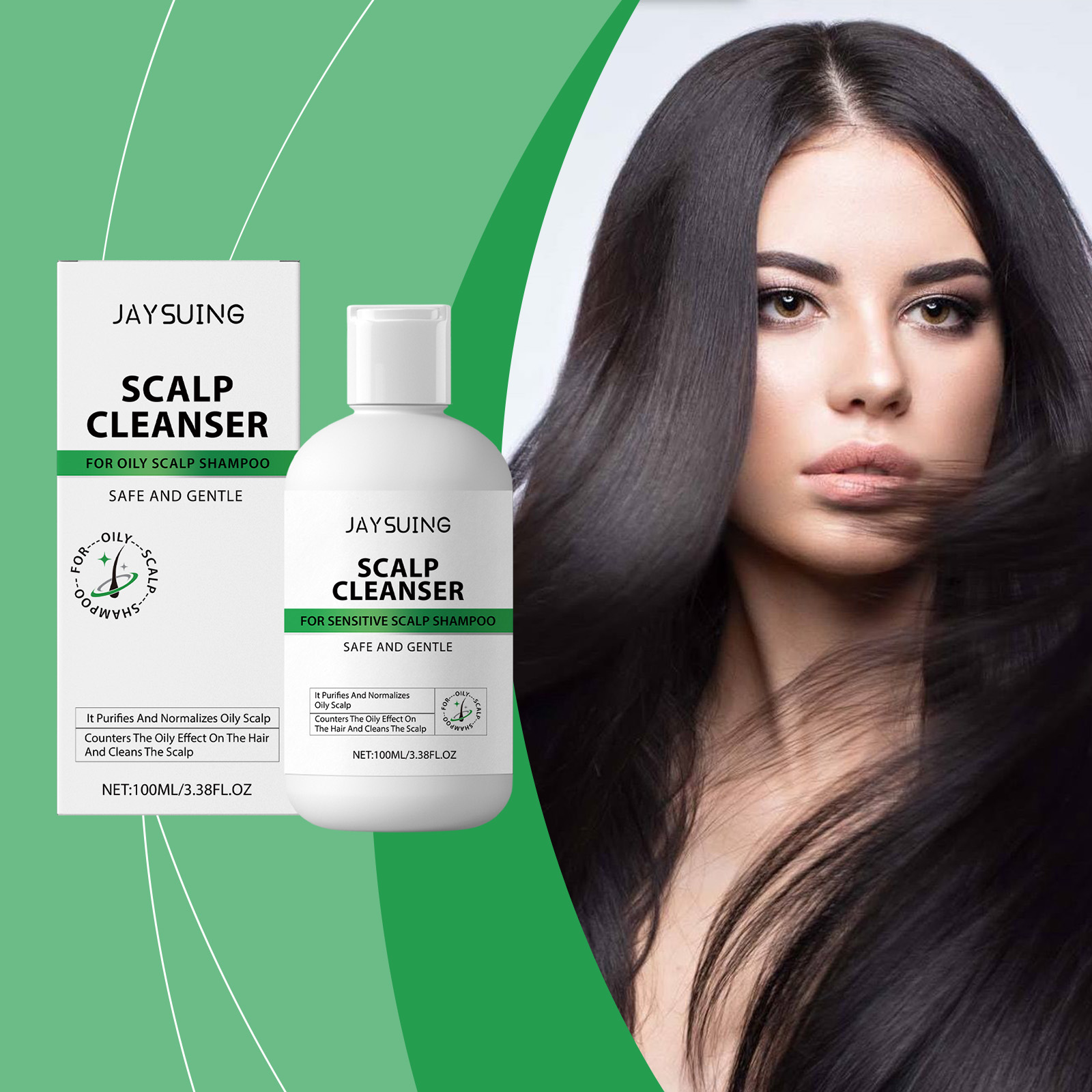 Scalp cleanser beside clean smooth-looking hair