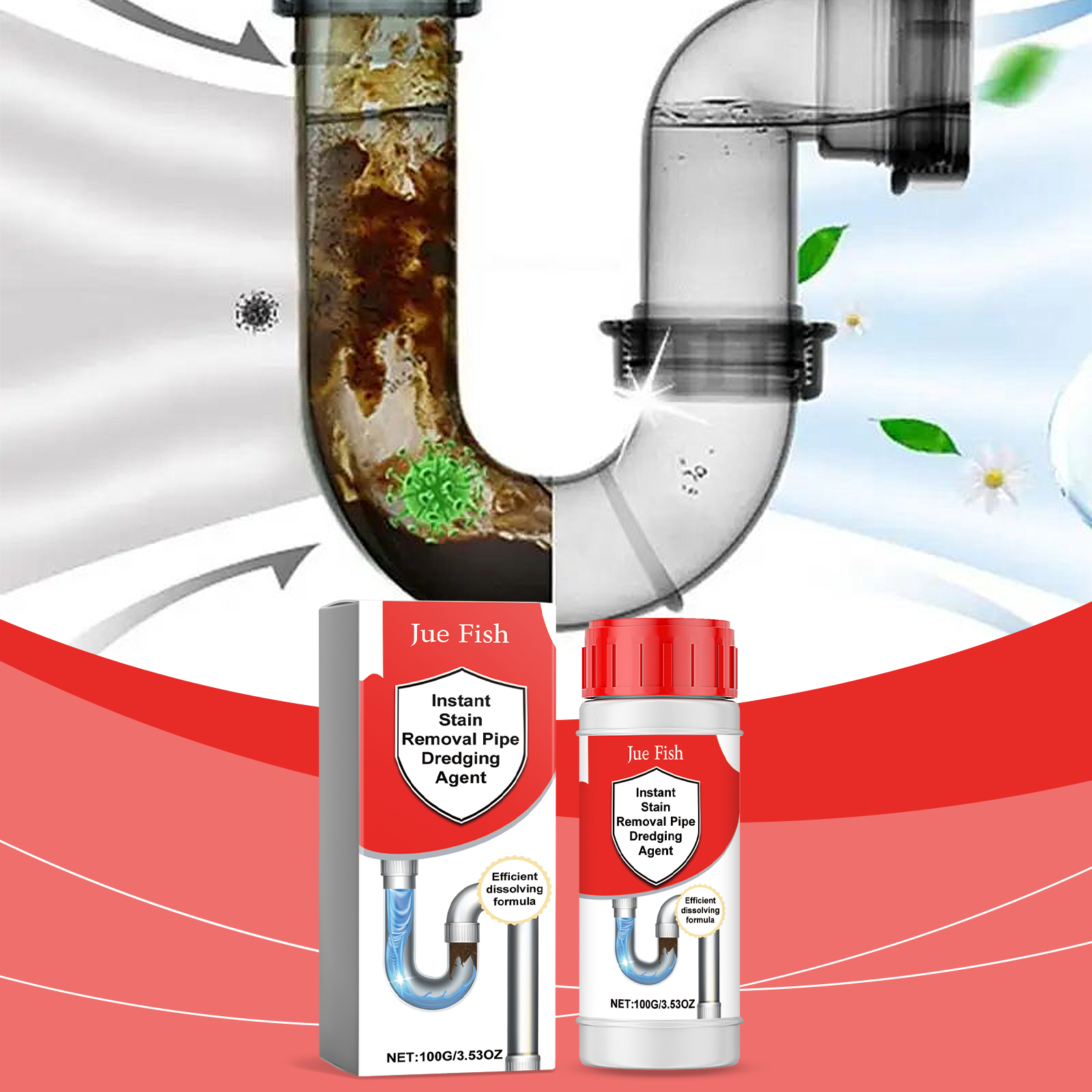 Pipe buildup graphic with drain cleaner bottle and carton