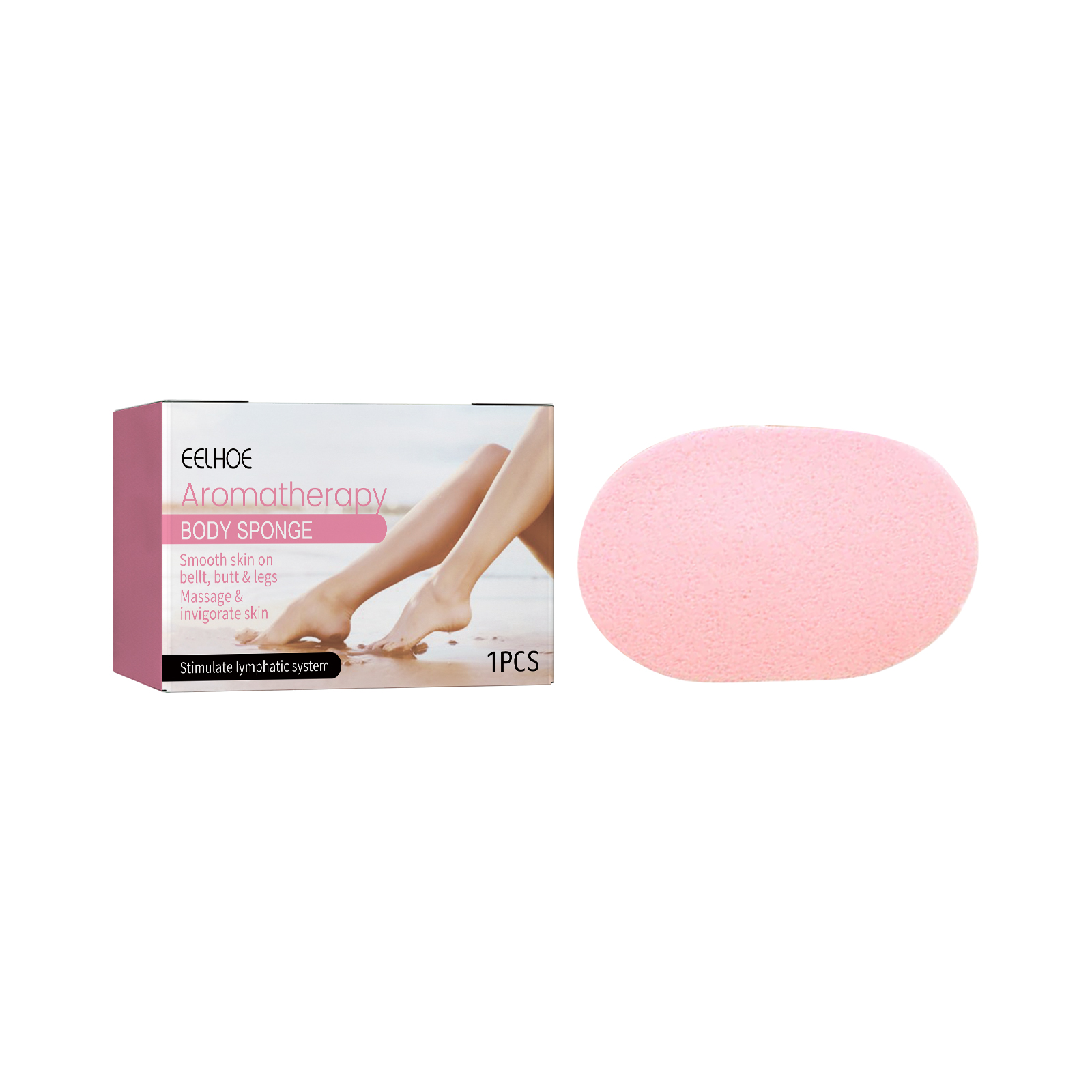 Oval pink sponge shown beside matching package