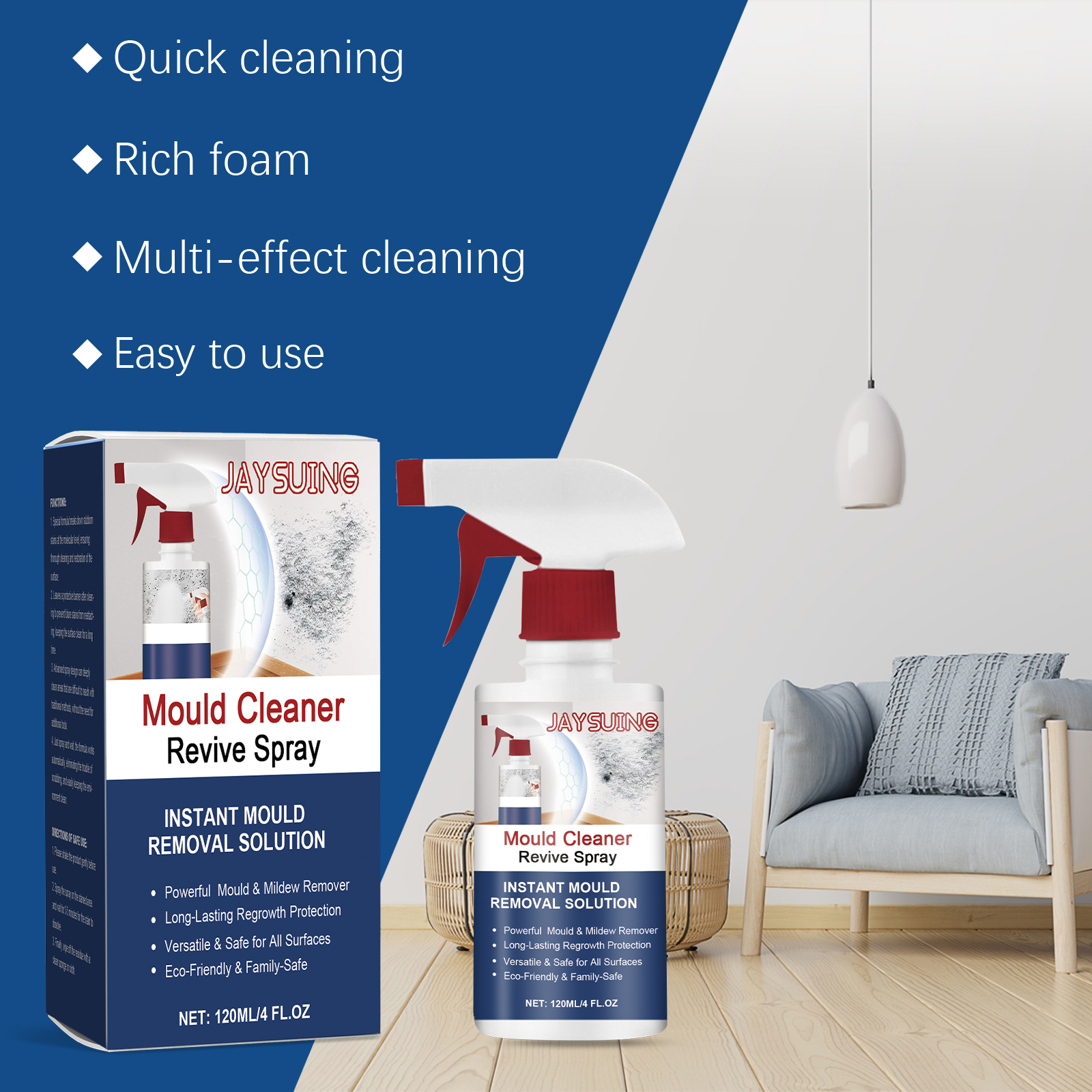 Foaming mould cleaner bottle and box in living room