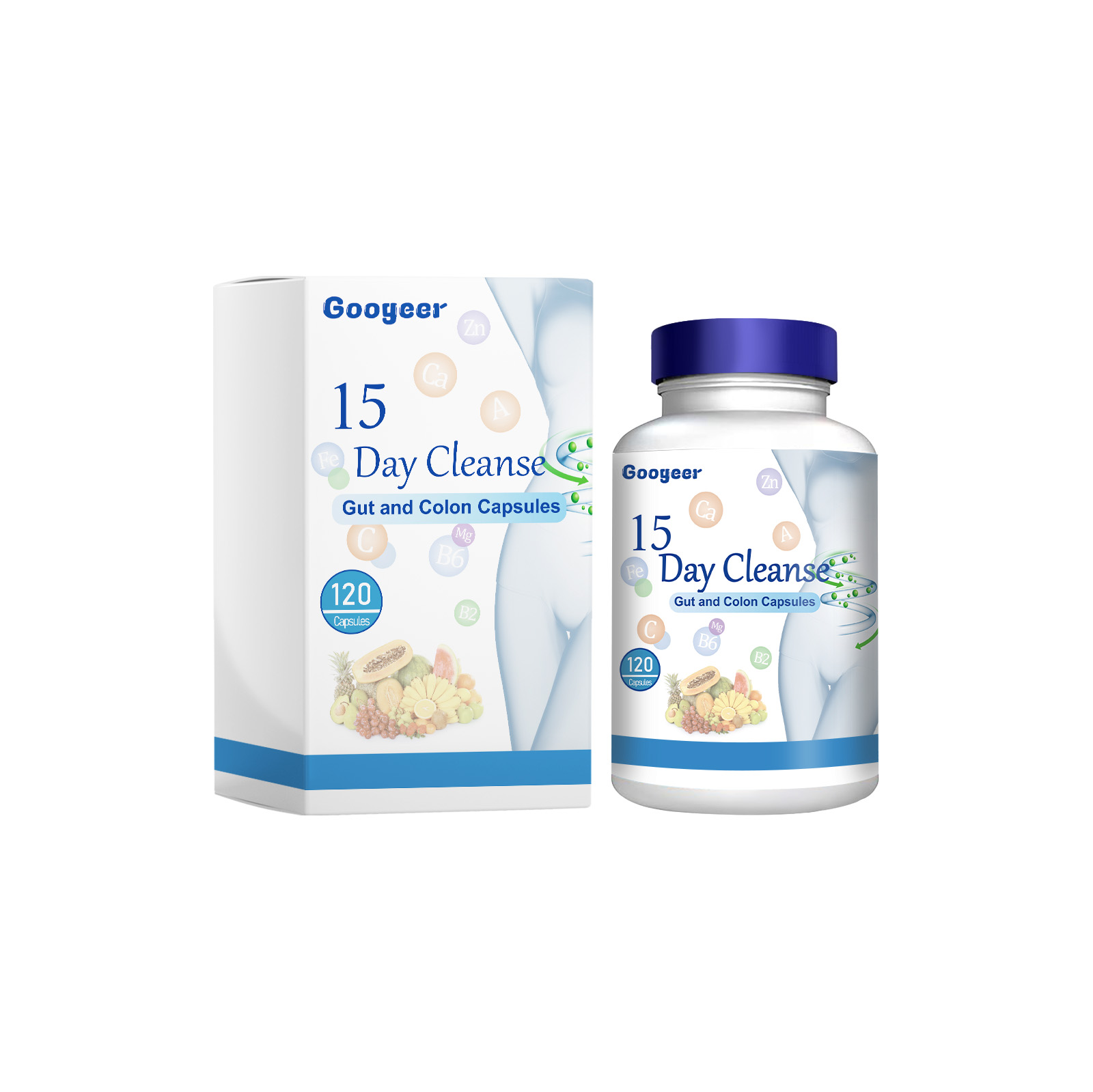 Googeer 15 Day Cleanse bottle and box displayed side by side on a white background, showing 120 capsules and botanical imagery