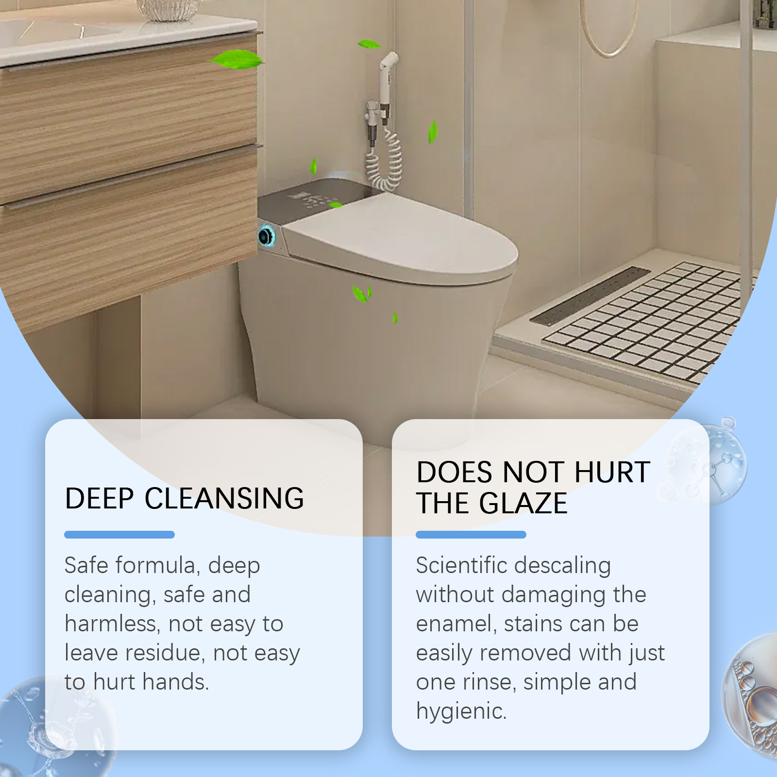 Clean toilet bowl with glaze-care cleaning claims