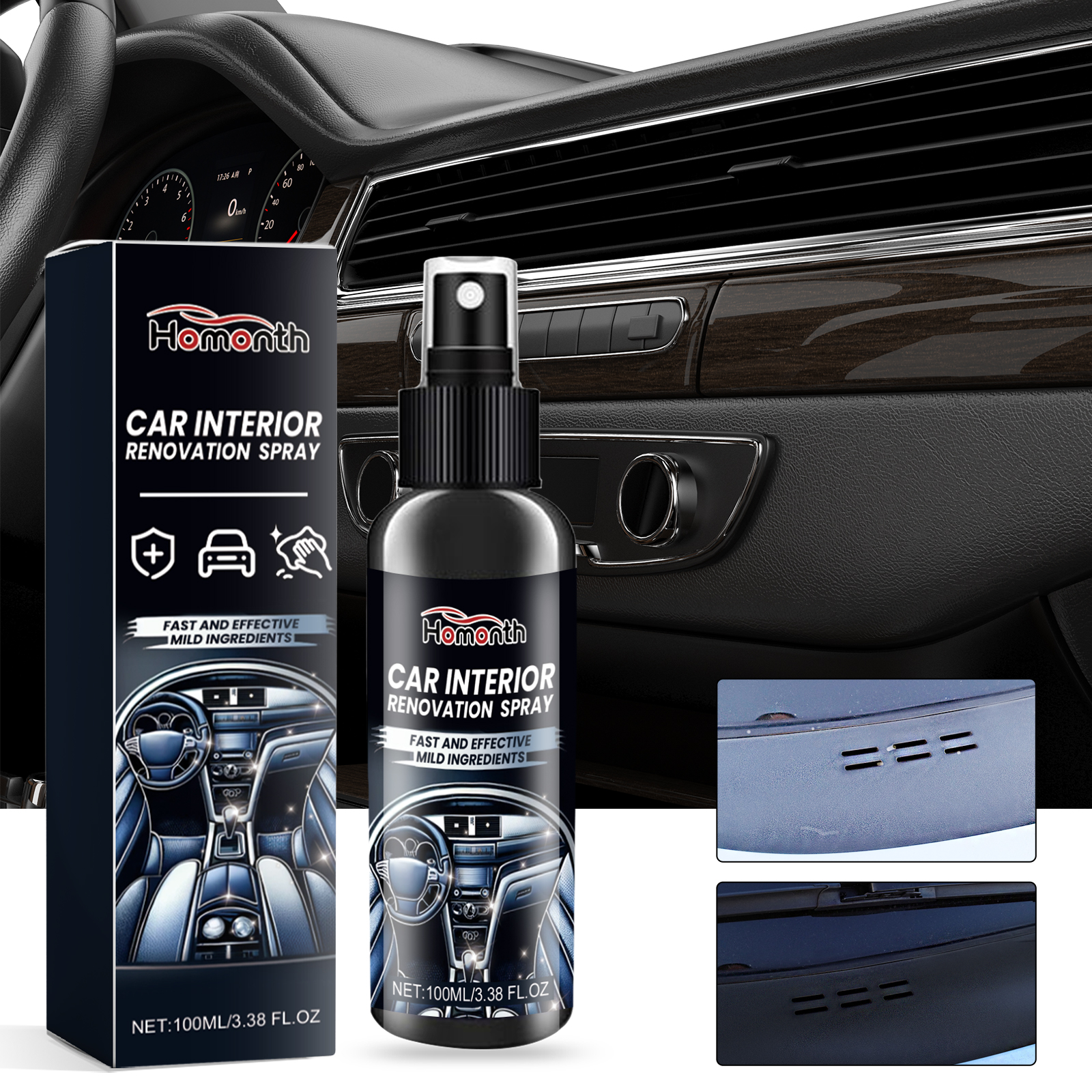 Automotive spray shown beside dull and refreshed surface panels