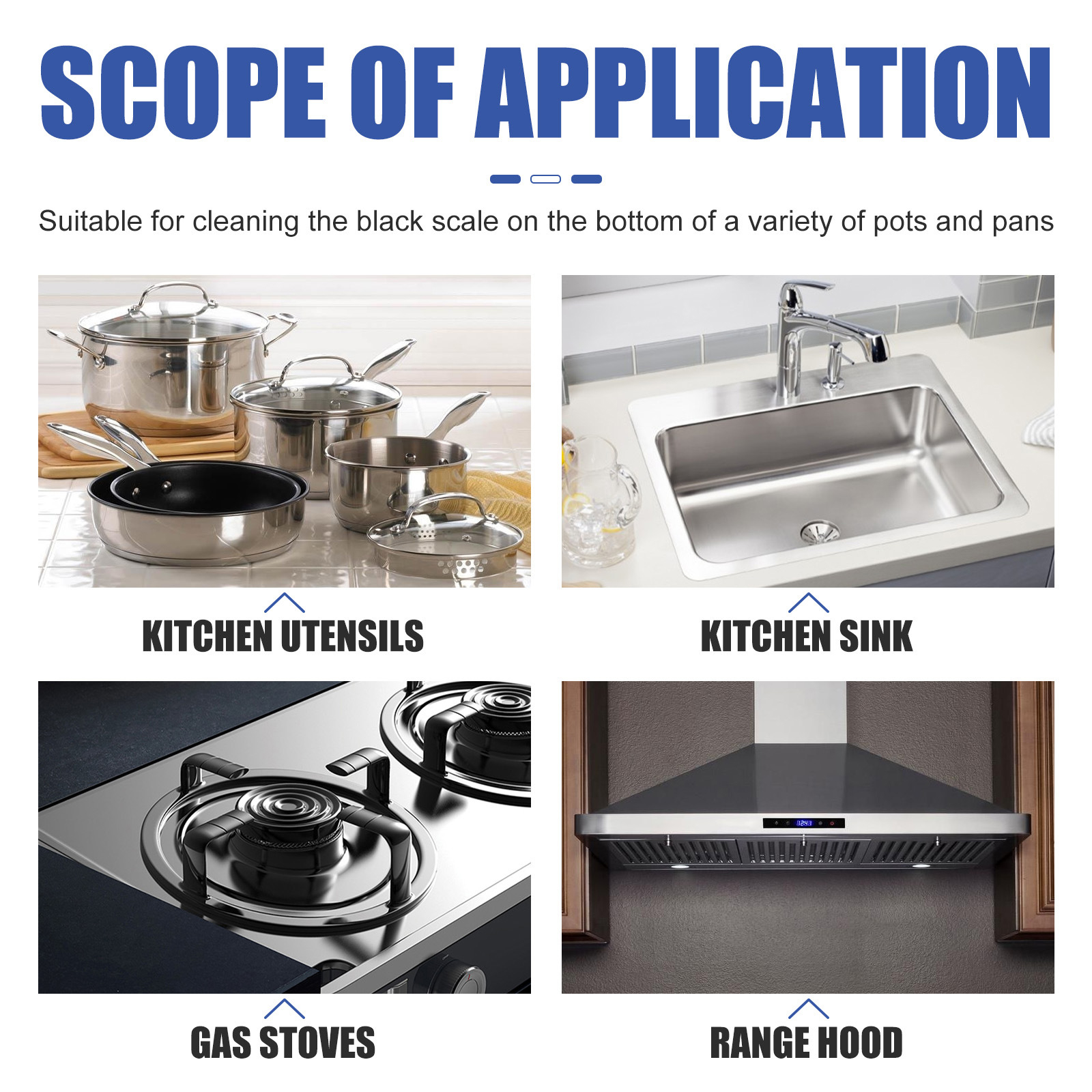 Cleaner application examples for stove sink and cookware