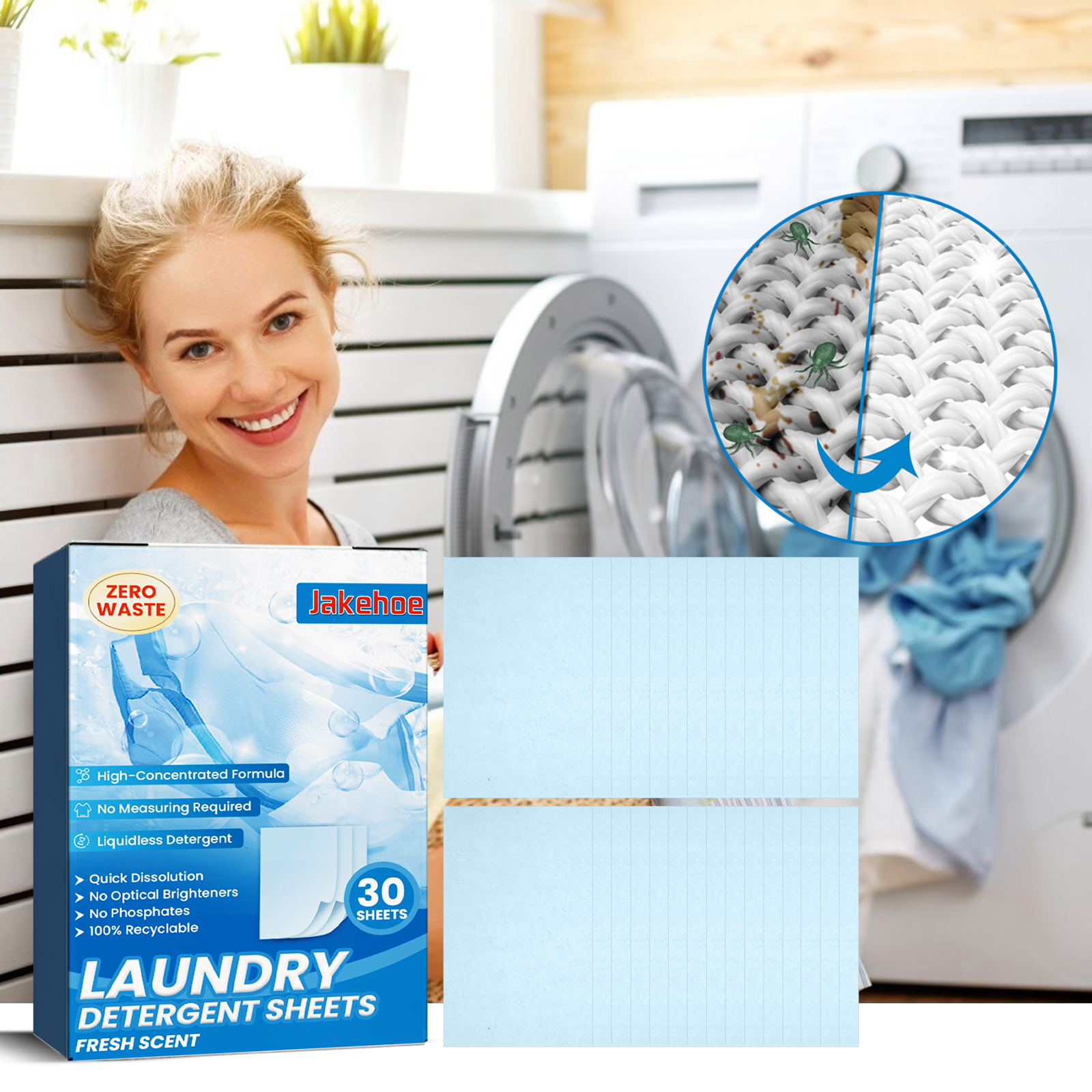Compact laundry sheets used beside washing machine