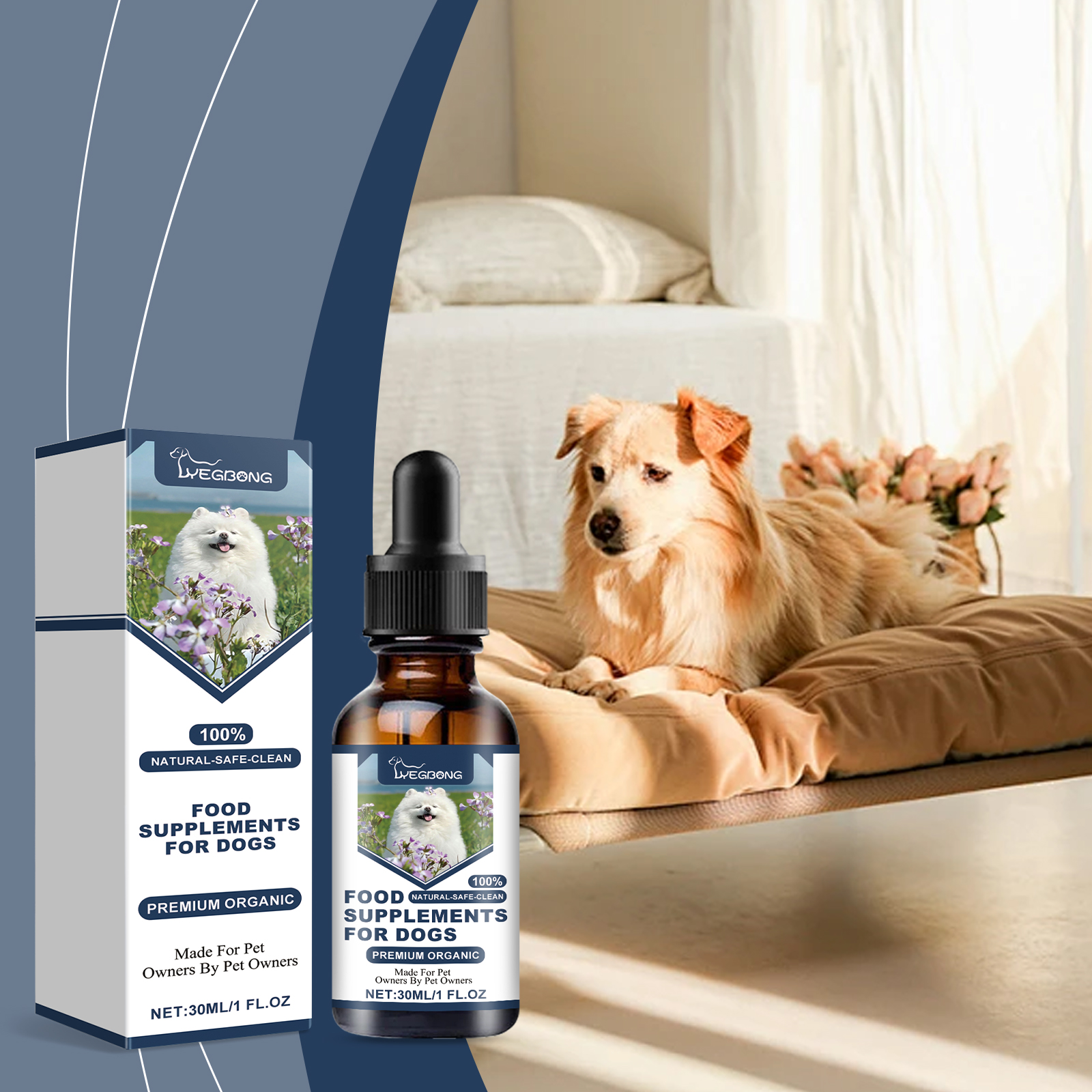 Dog resting beside supplement in bright home