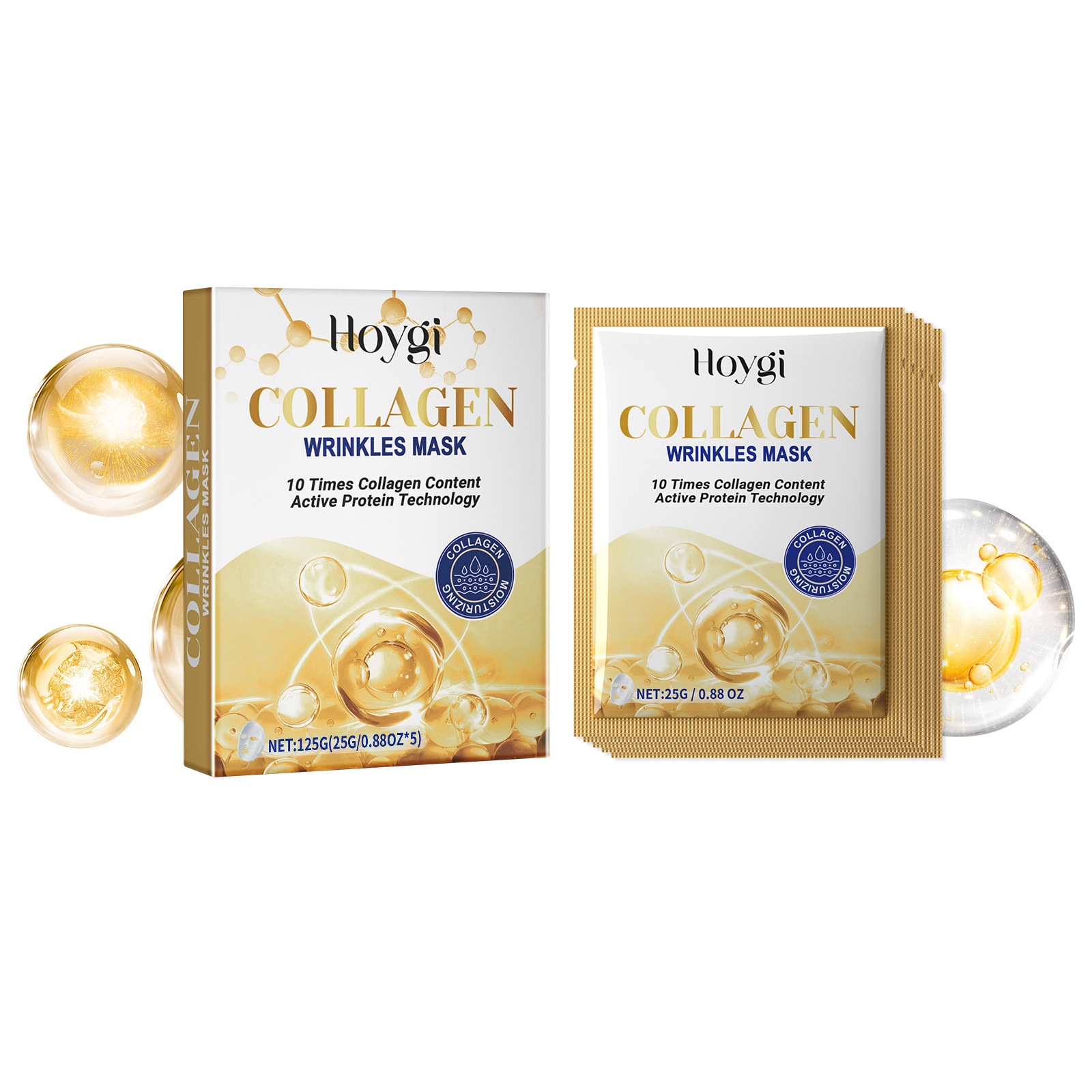 Five collagen mask sachets with coordinating carton