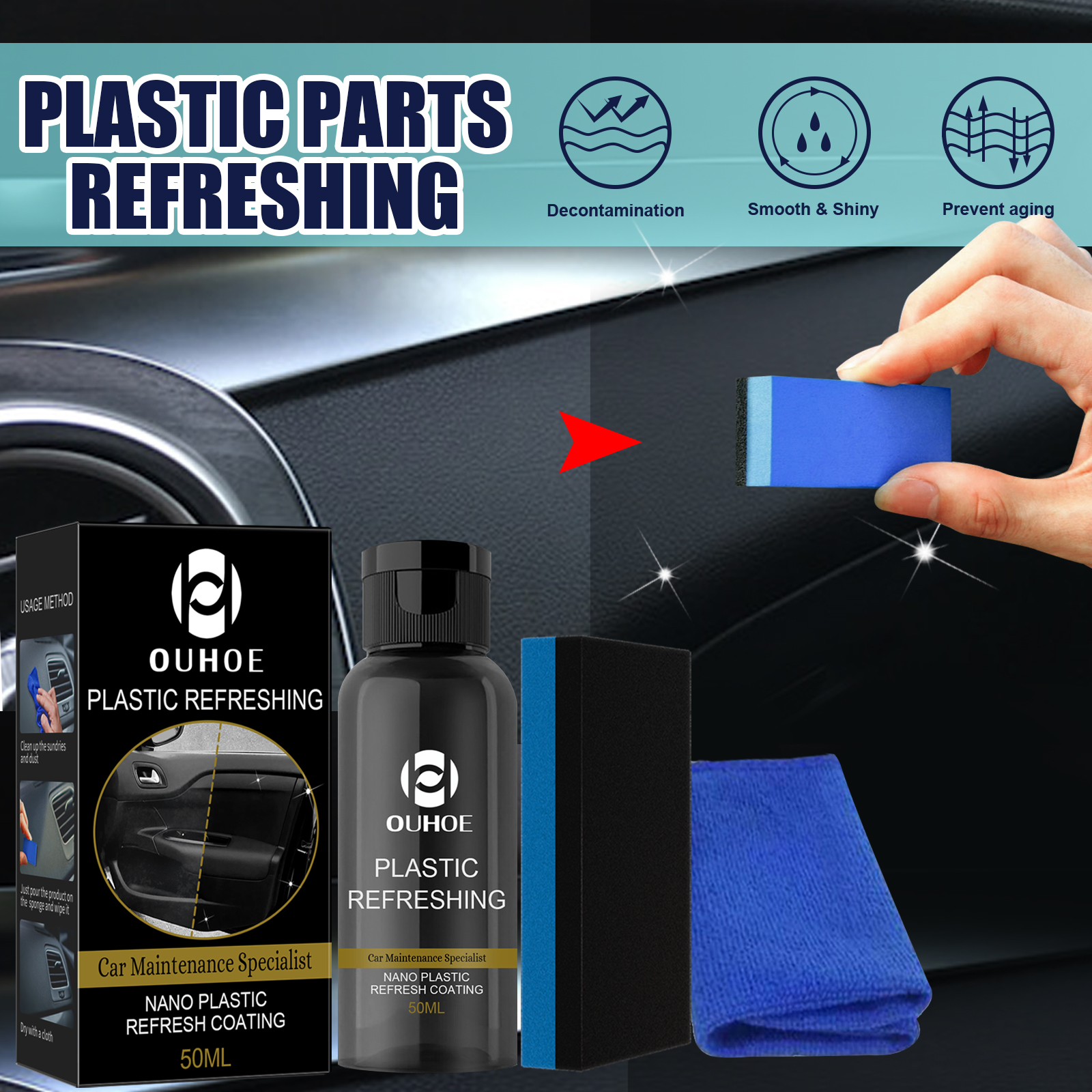 Hand applying plastic coating with included blue sponge