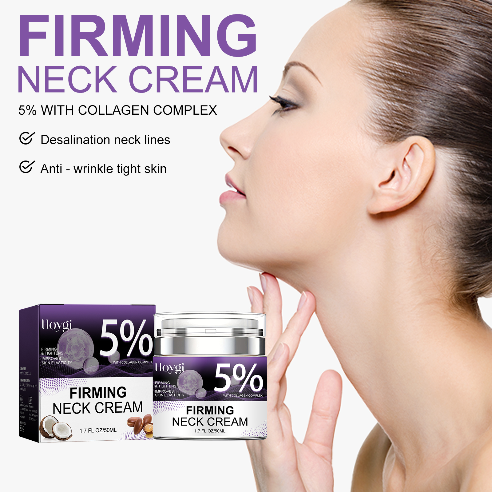 Woman touching neck beside collagen cream packaging