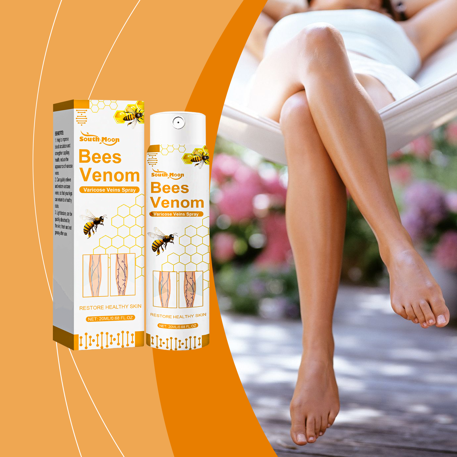 Leg care spray beside bare legs outdoors
