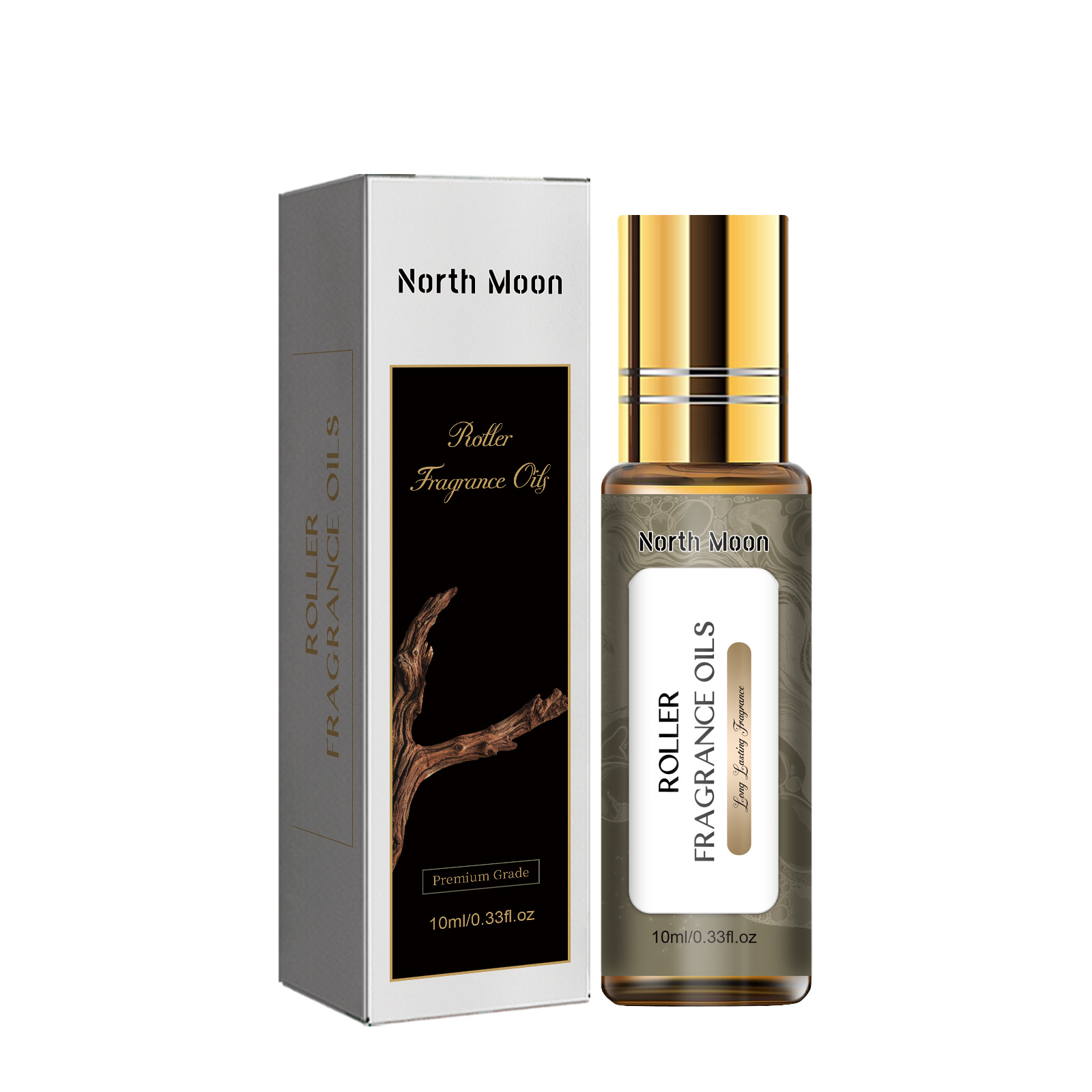 Smoky green North Moon roller bottle beside presentation box