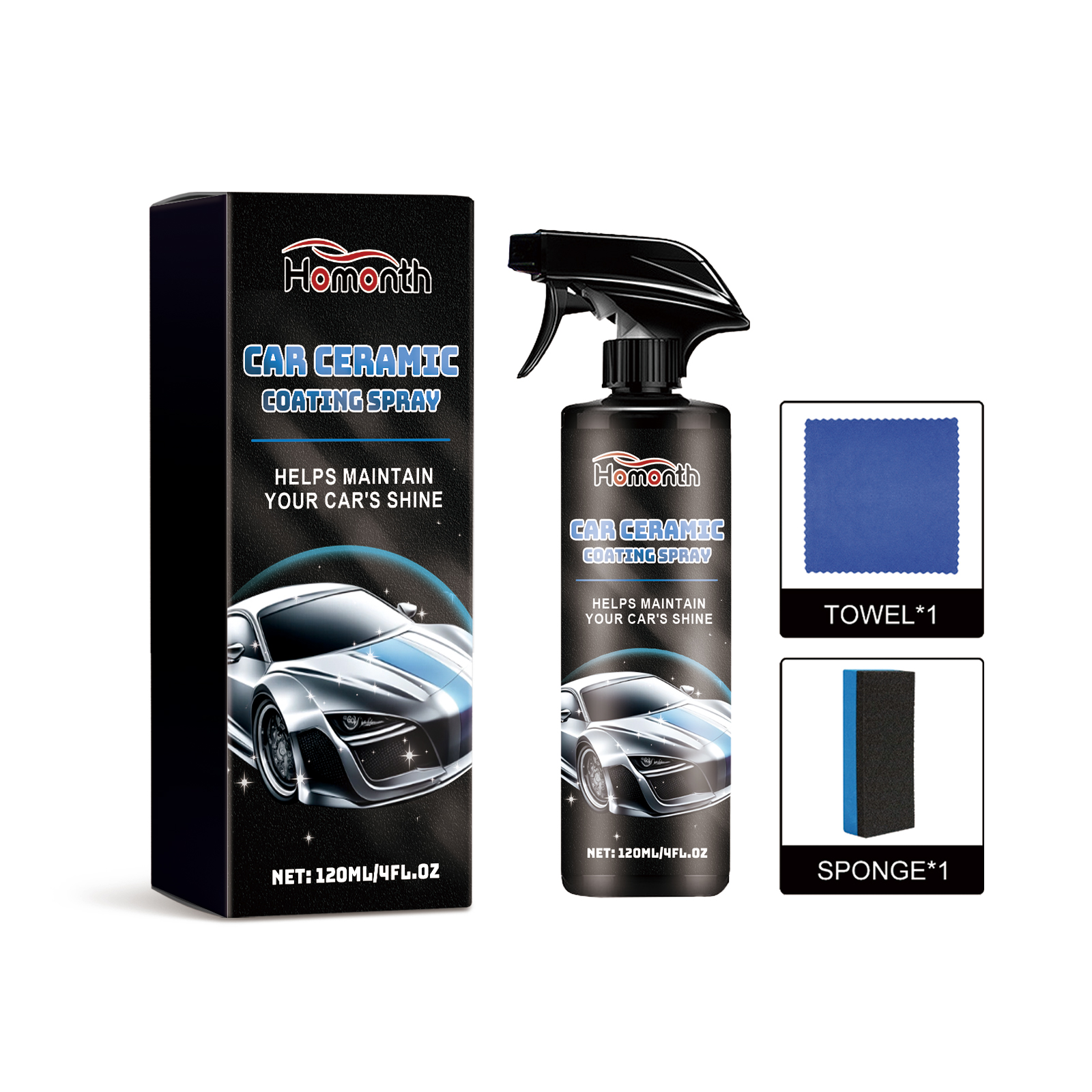 Glossy black trigger spray bottle beside detailing accessories