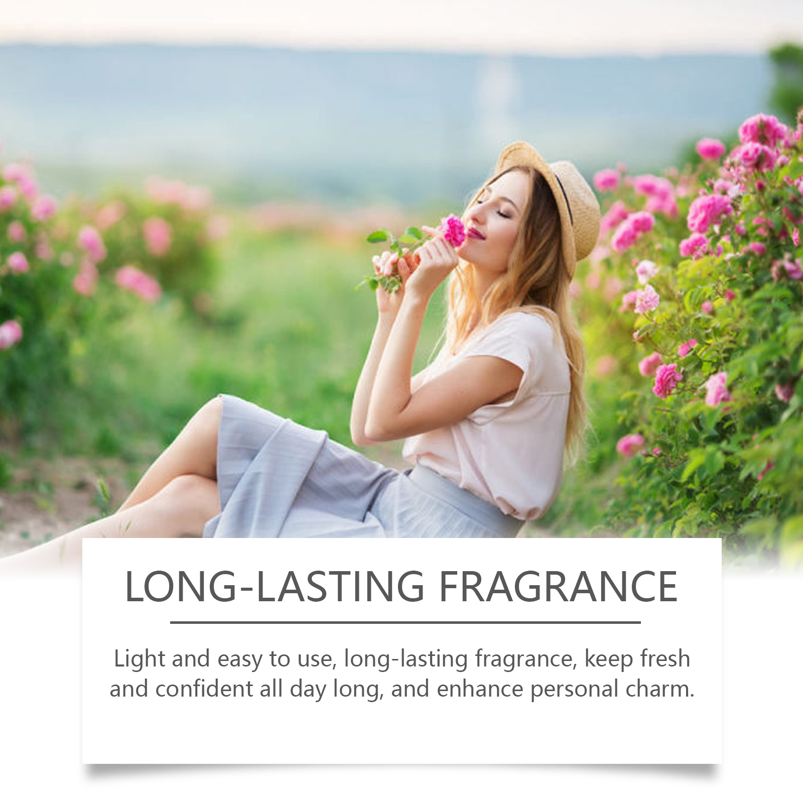 Fine spray perfume used outdoors among flowers