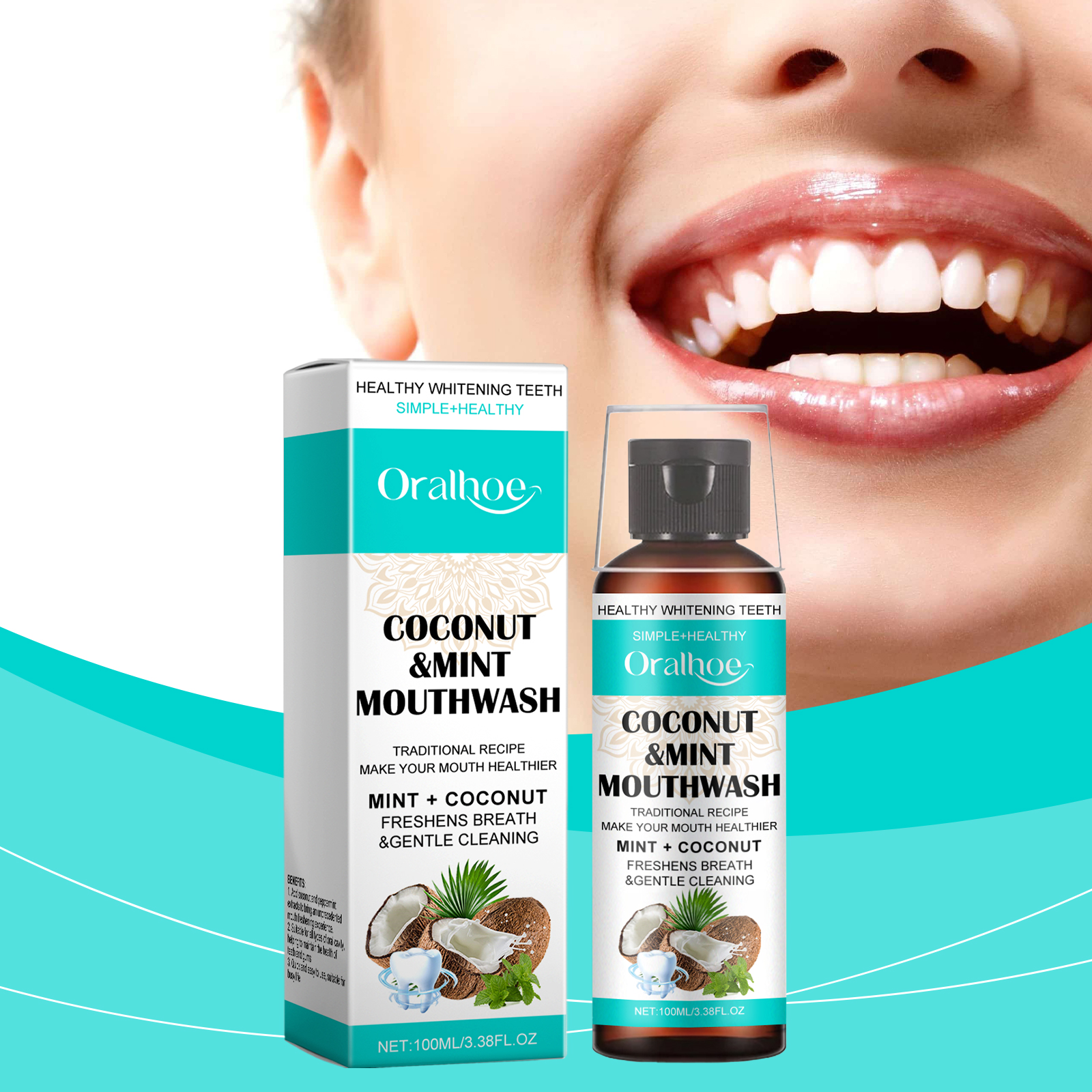 Mouthwash bottle beside bright-looking smile