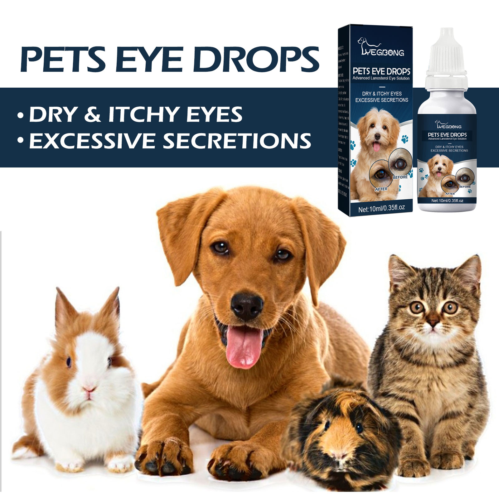 Pet eye drops carton shown with multiple household pets