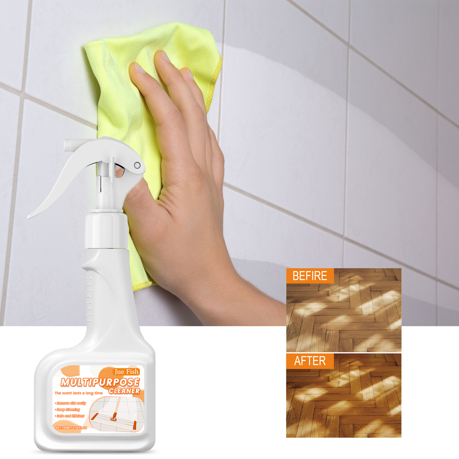 Hand applying cleaner to tiled household surface