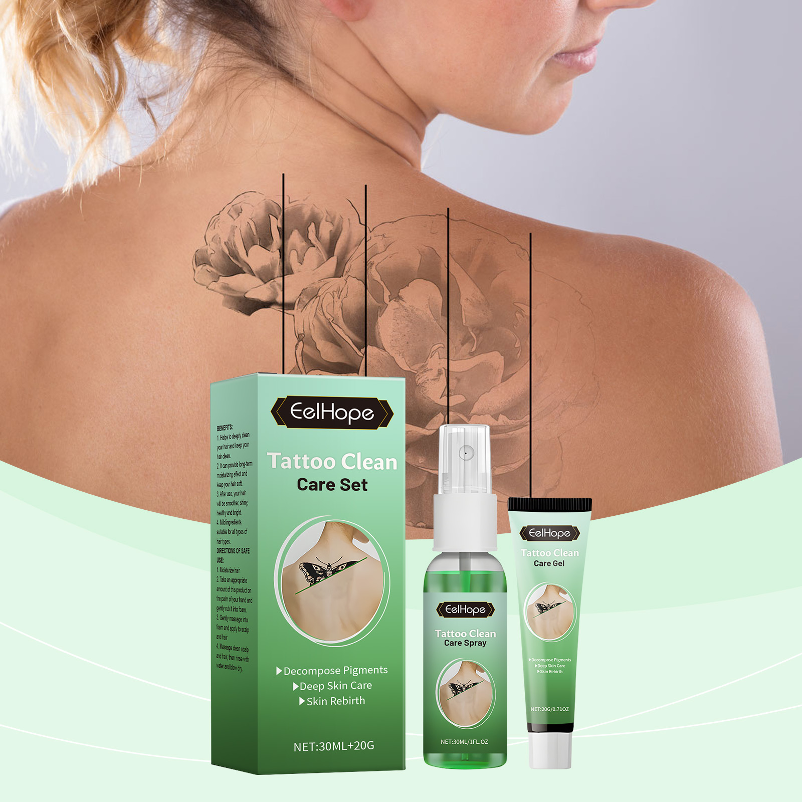 Tattooed shoulder shown with tattoo care products