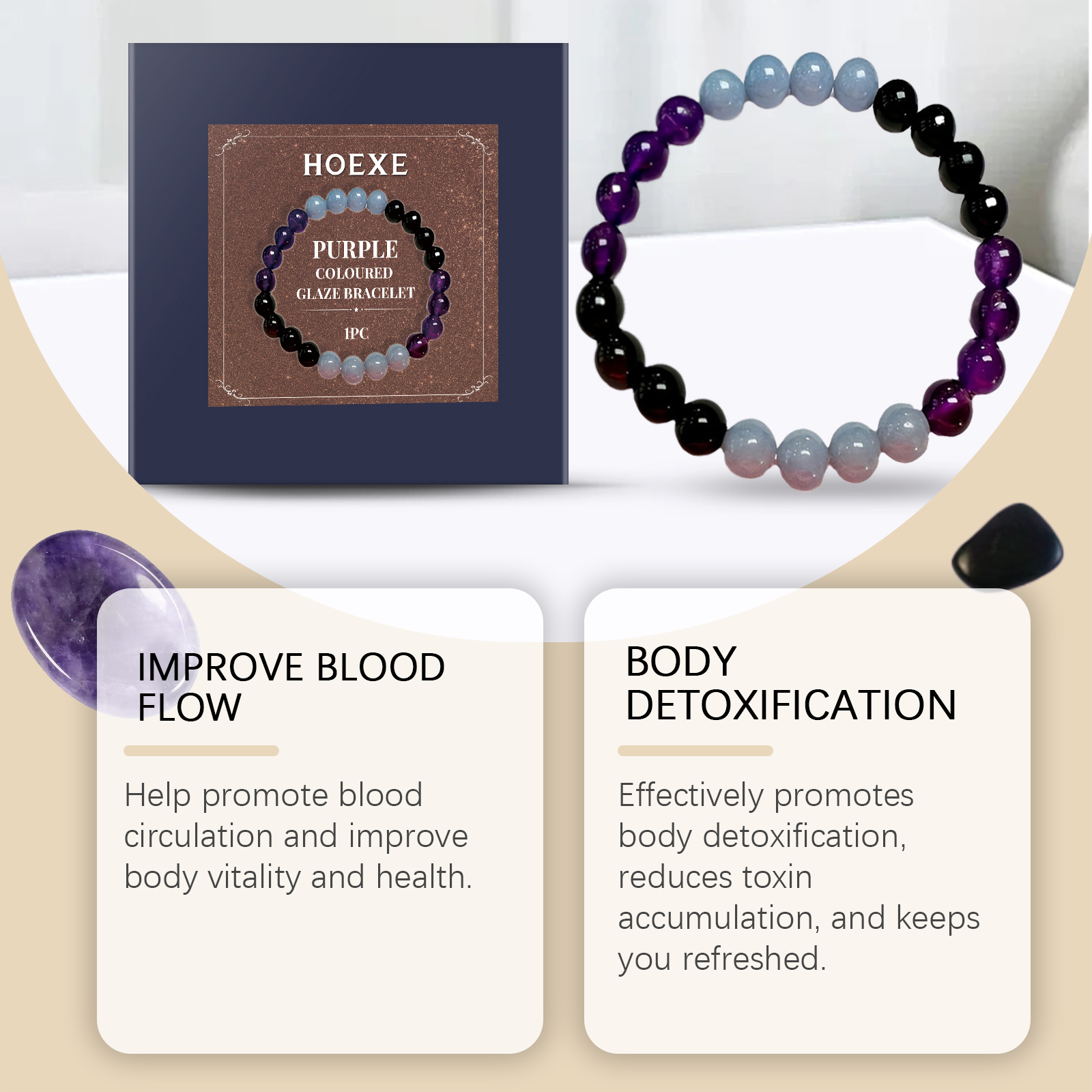 Glossy polished beads beside presentation packaging