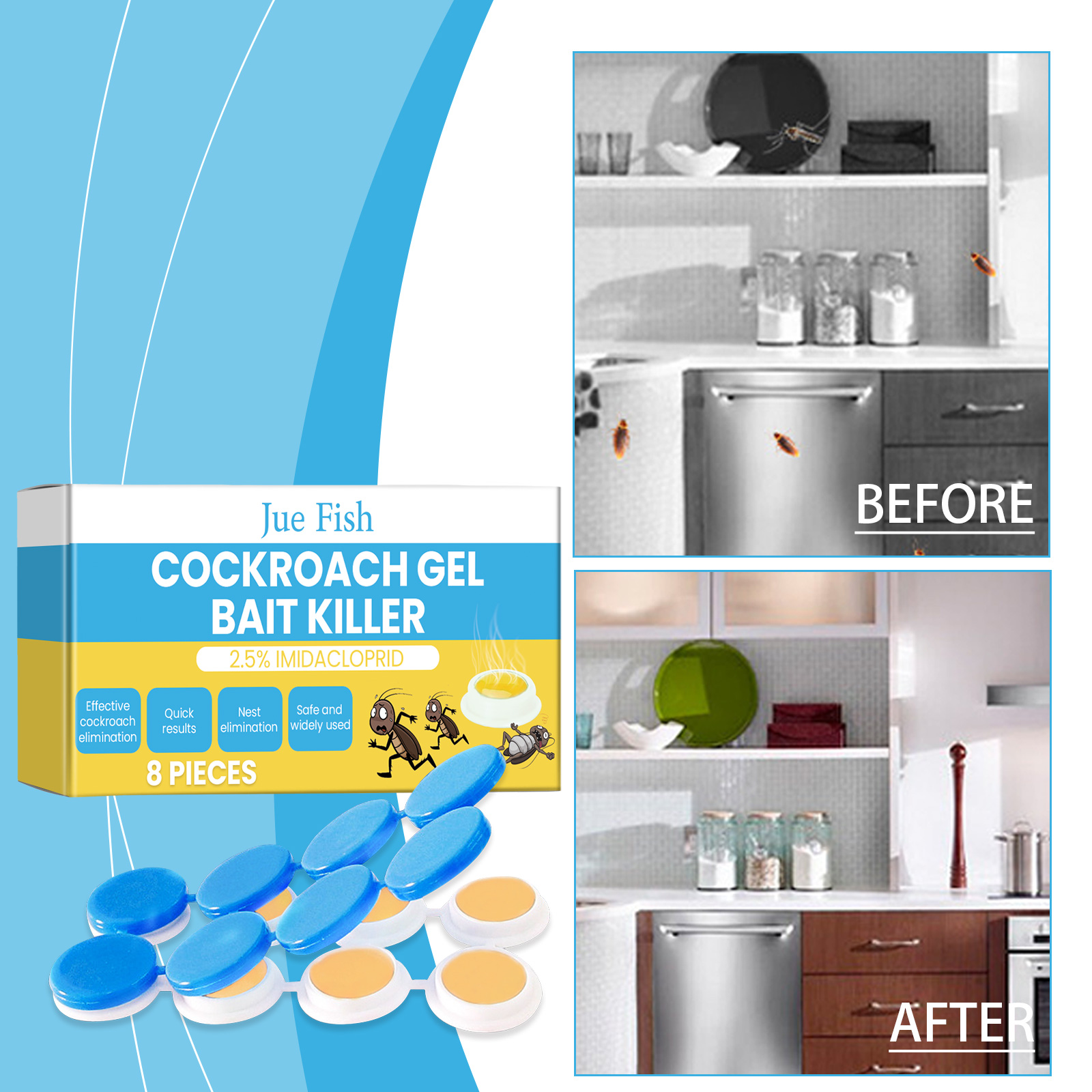 Cockroach bait packaging with active ingredient guidance