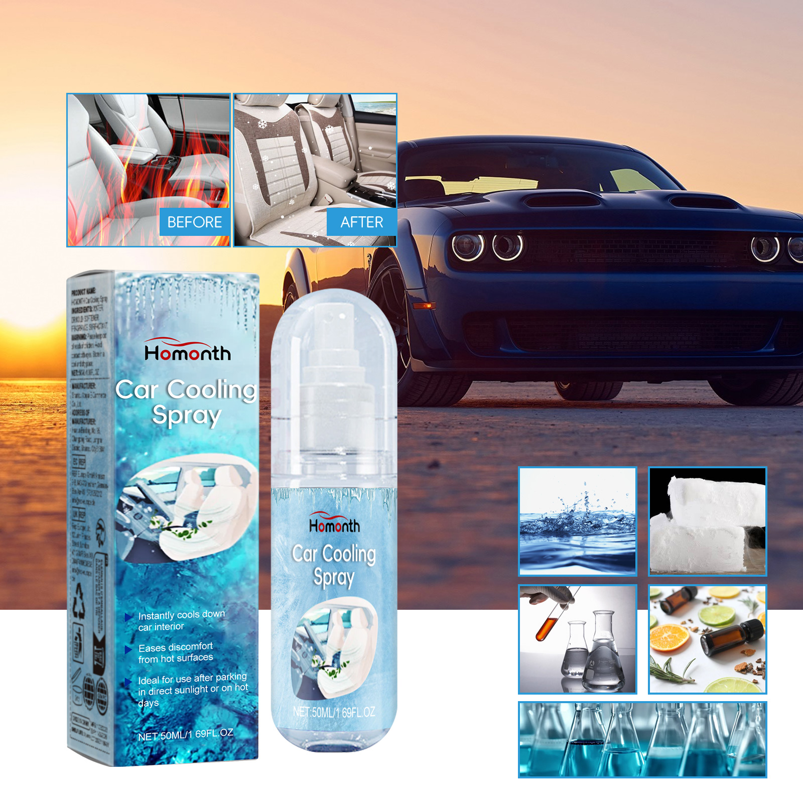 Car interior cooling spray summer use scenario