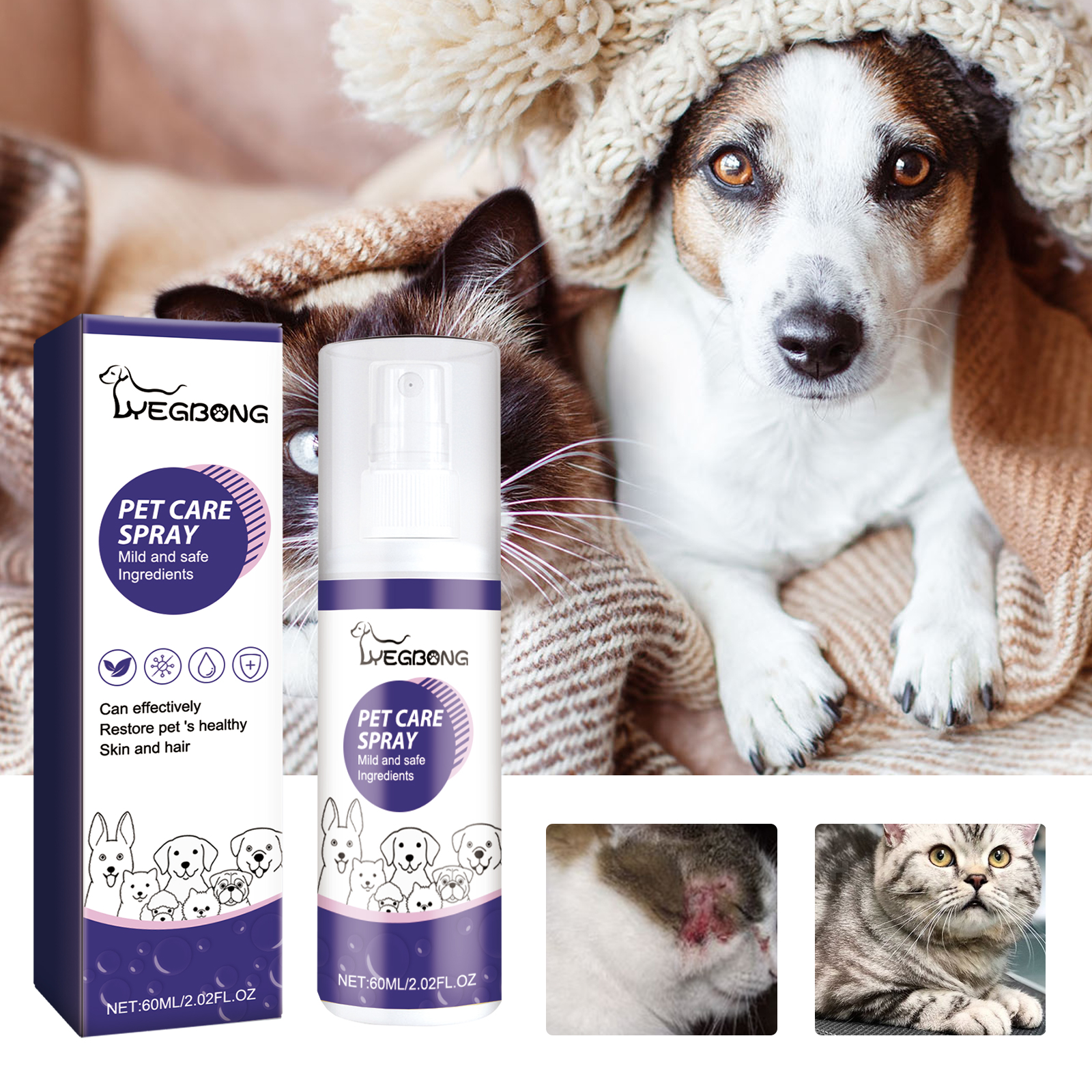 Compact pet spray beside calm companion animals