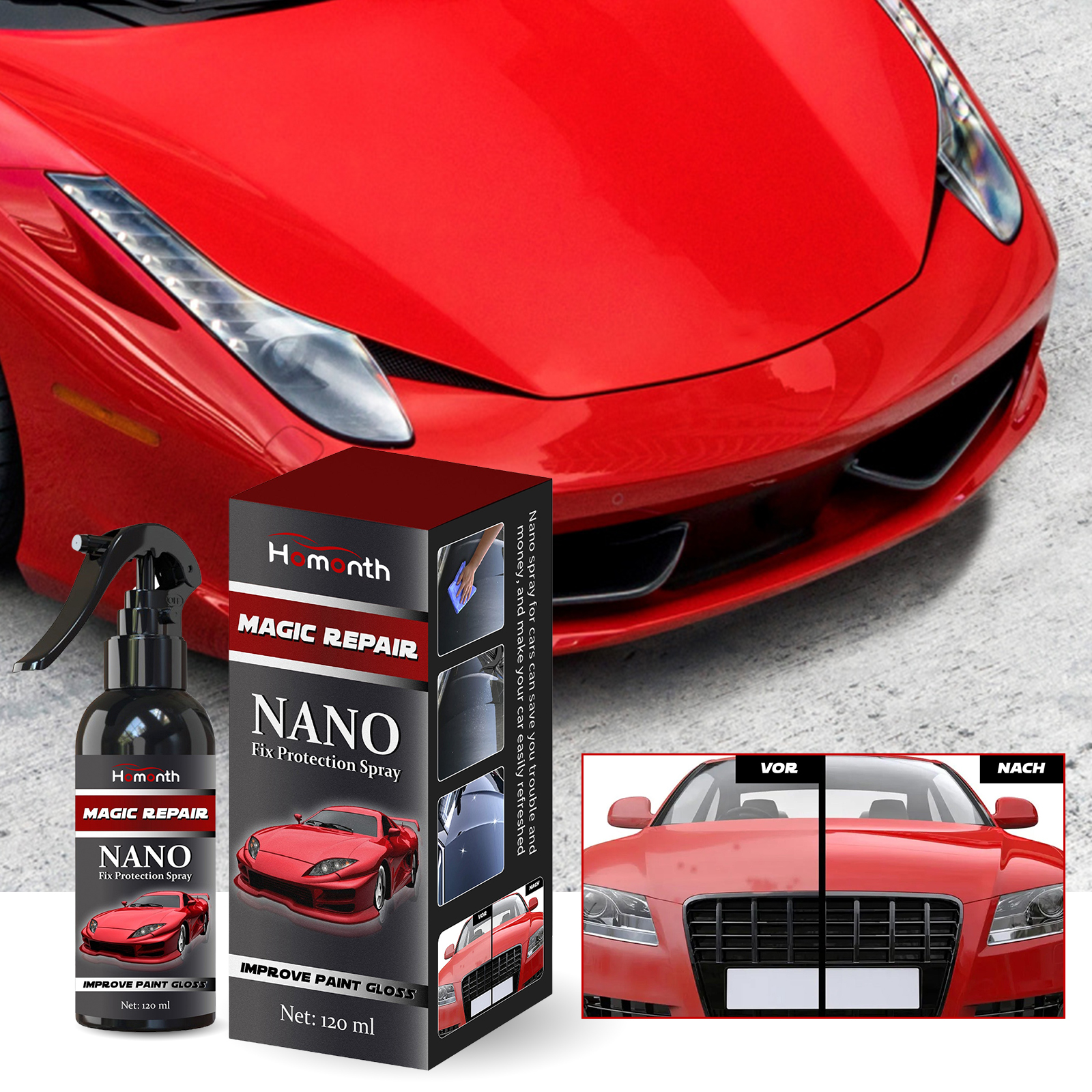 Glossy red vehicle finish shown beside Nano Fix spray