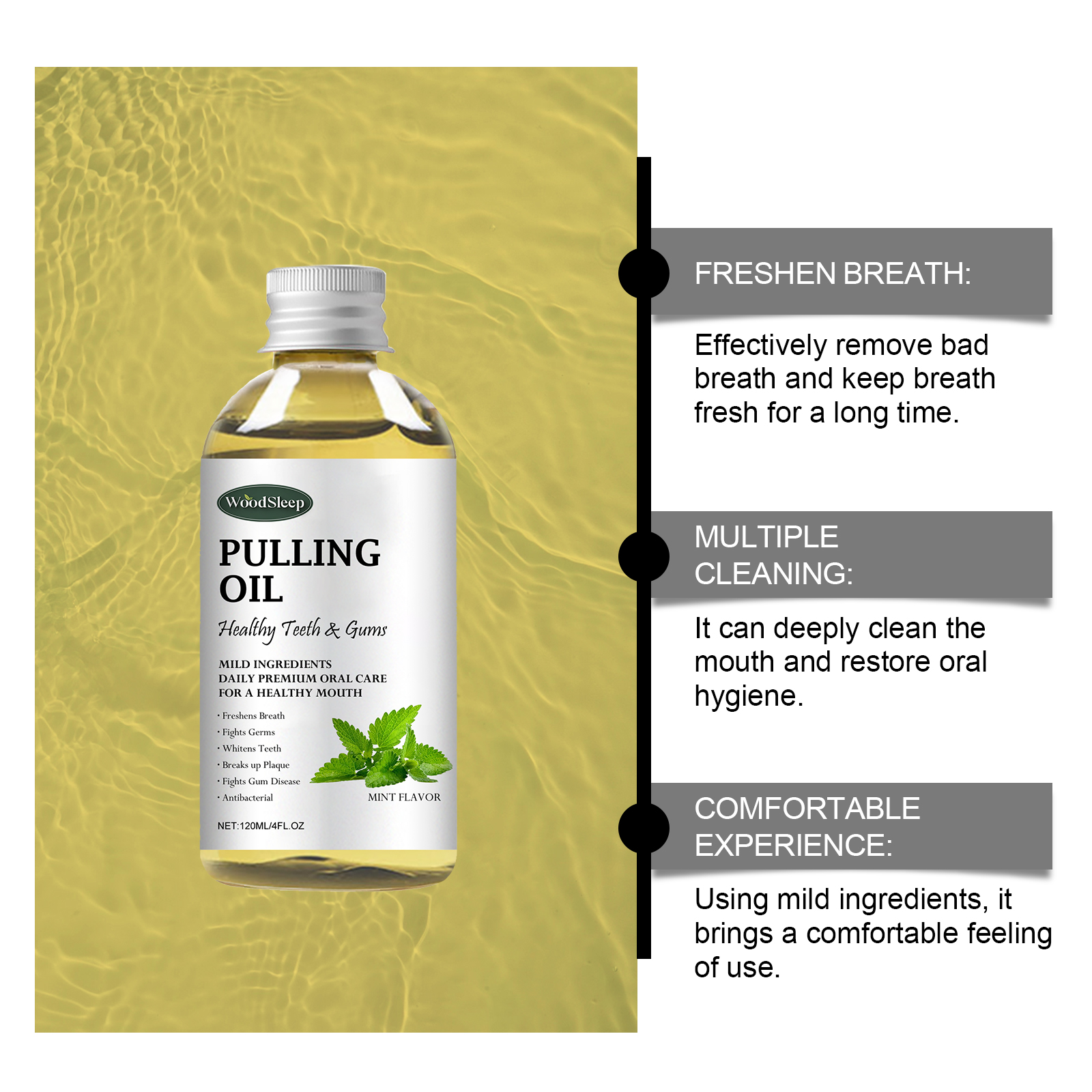 Close-up of WoodSleep Pulling Oil bottle with golden oil texture and benefit callouts