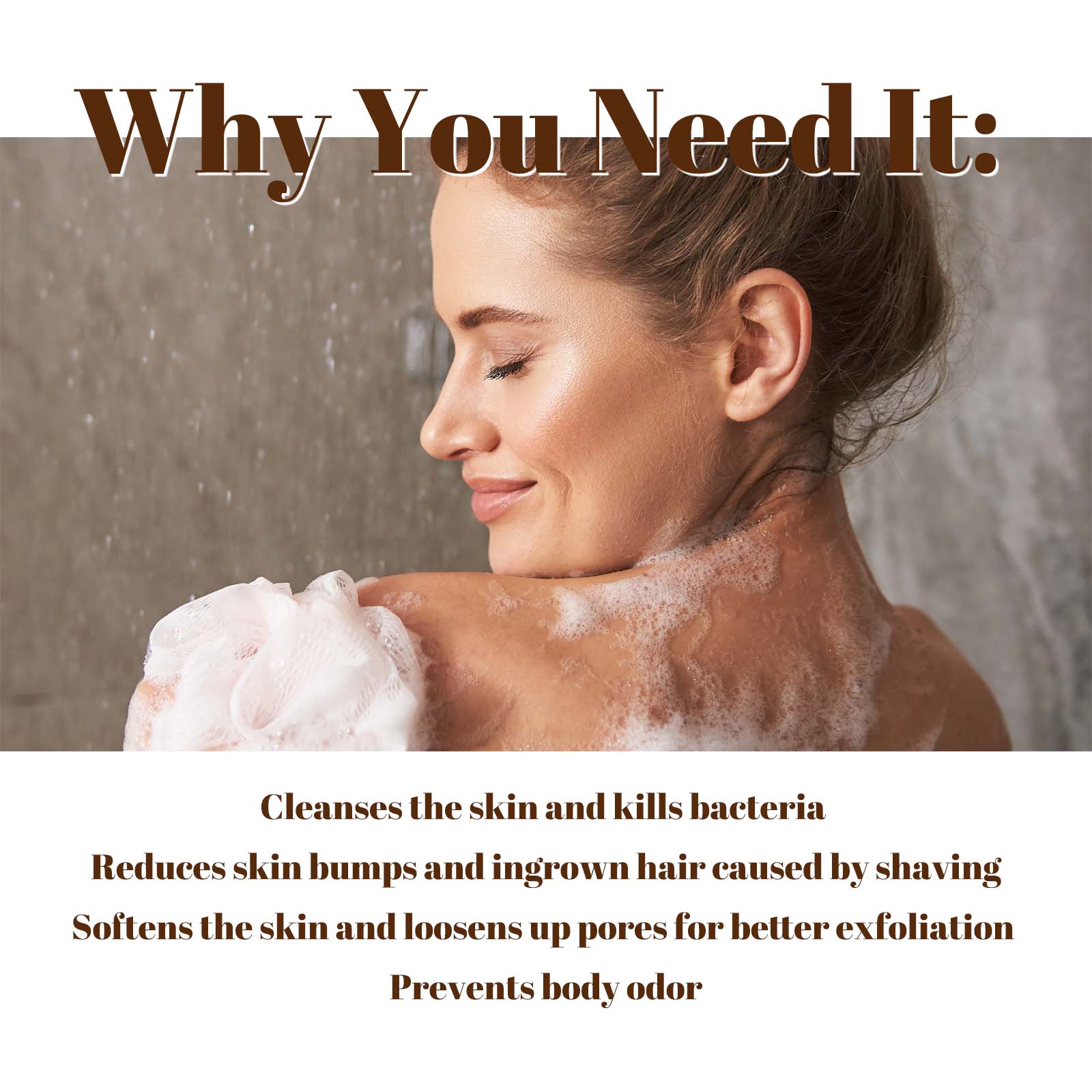 Woman using soap on shoulder and back