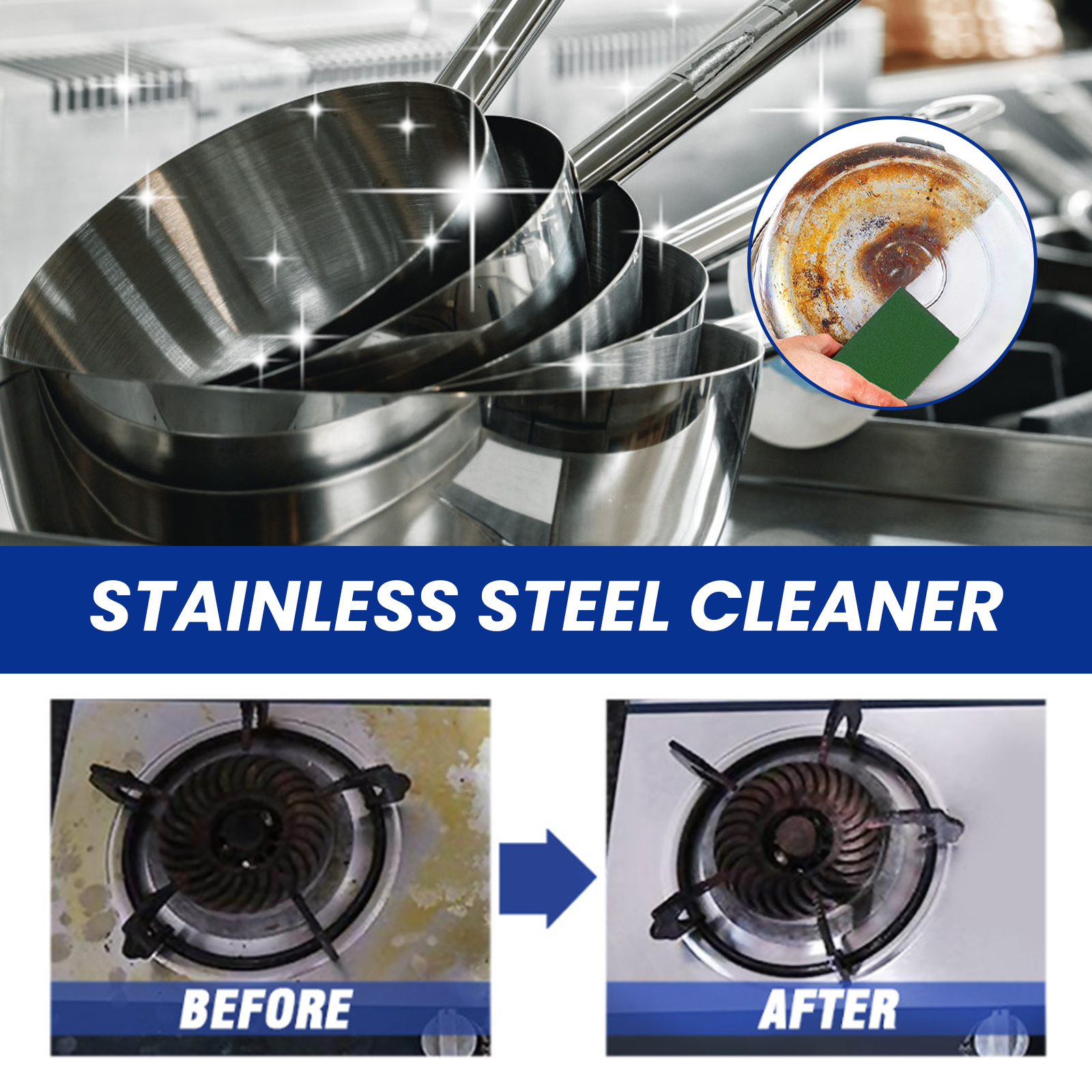 Stovetop and cookware shown before and after scrubbing