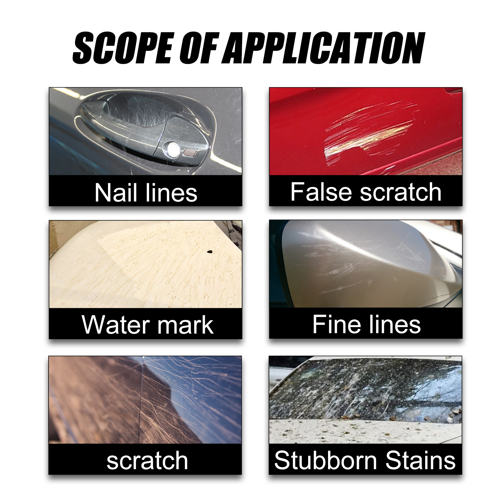 Graphic showing water marks scratches and residue targets