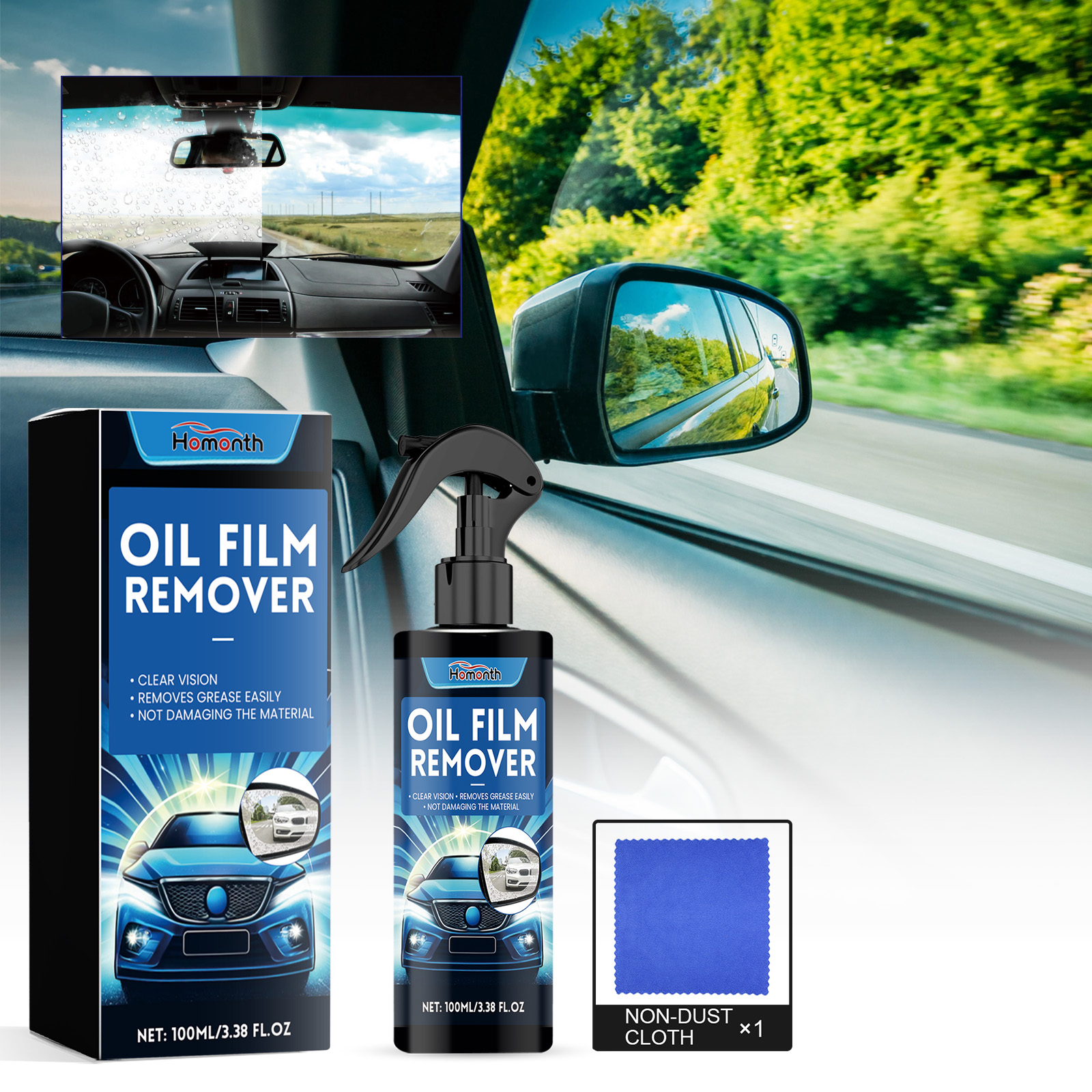 Windshield cleaner kit ready beside car glass