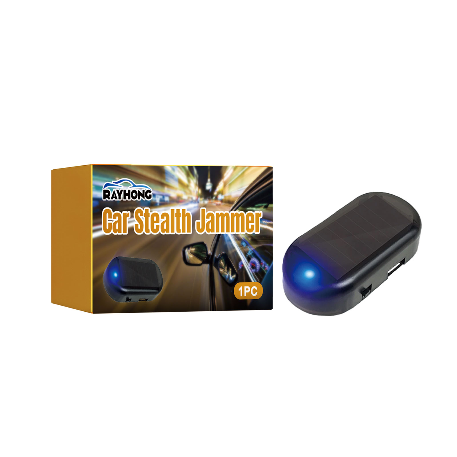 Compact rounded jammer housing beside product box
