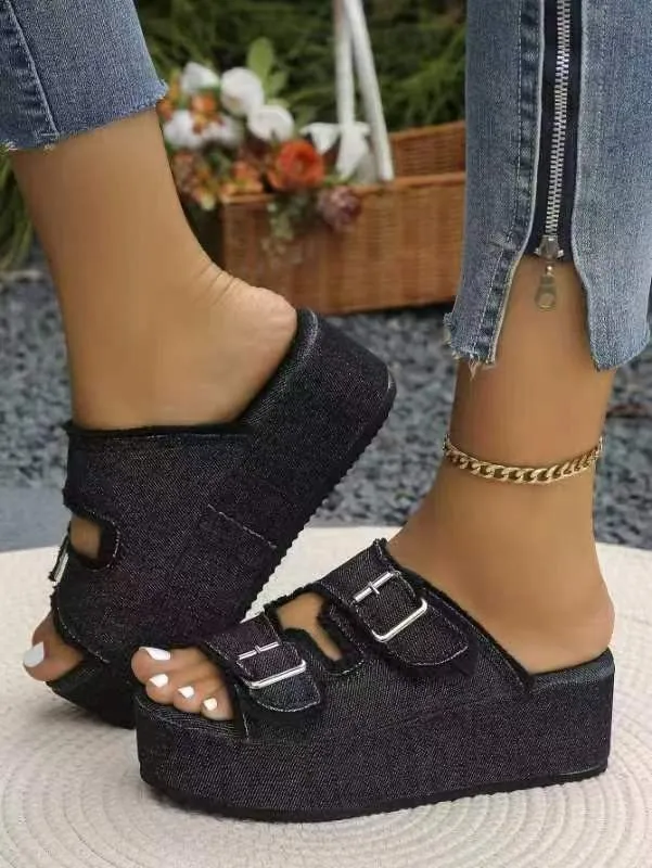 Cowboy cloth leather with buckle one foot flip flops women's outdoor thick soled slippers image 5