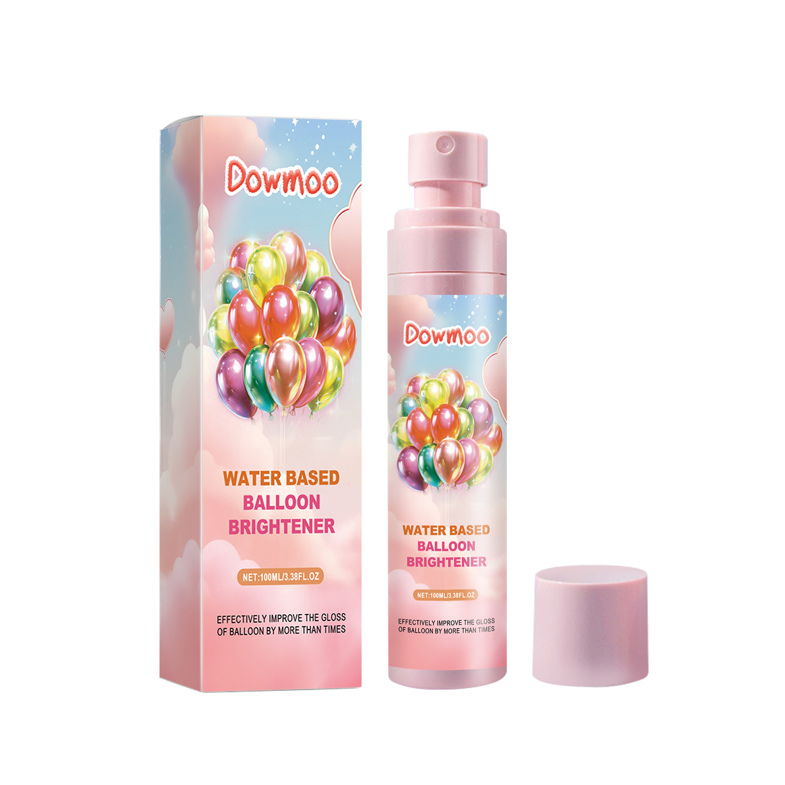 Balloon brightener carton with multicolor balloon artwork
