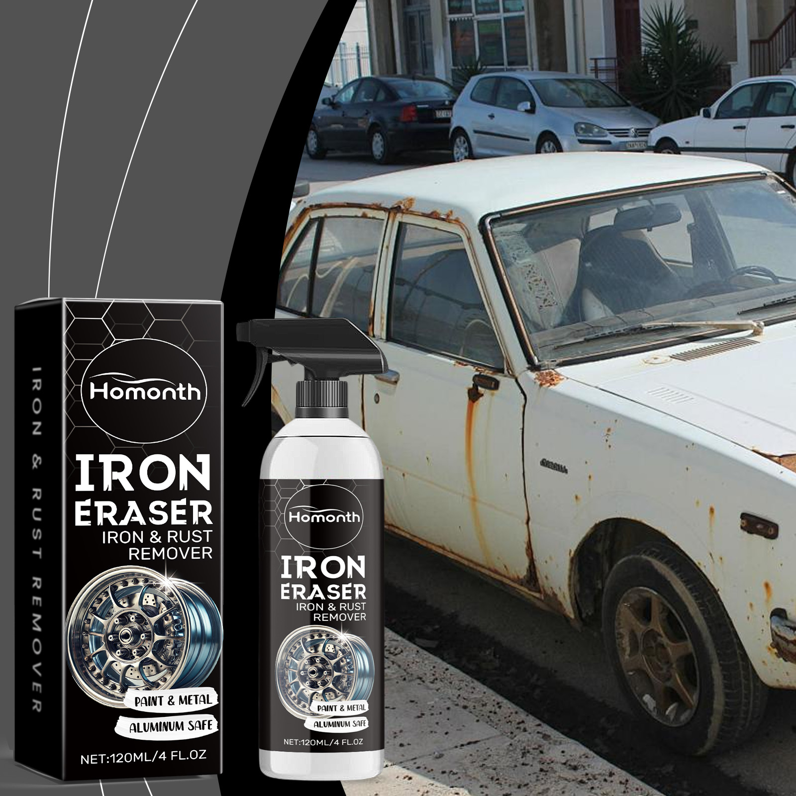 Iron Eraser bottle beside heavily rusted white car
