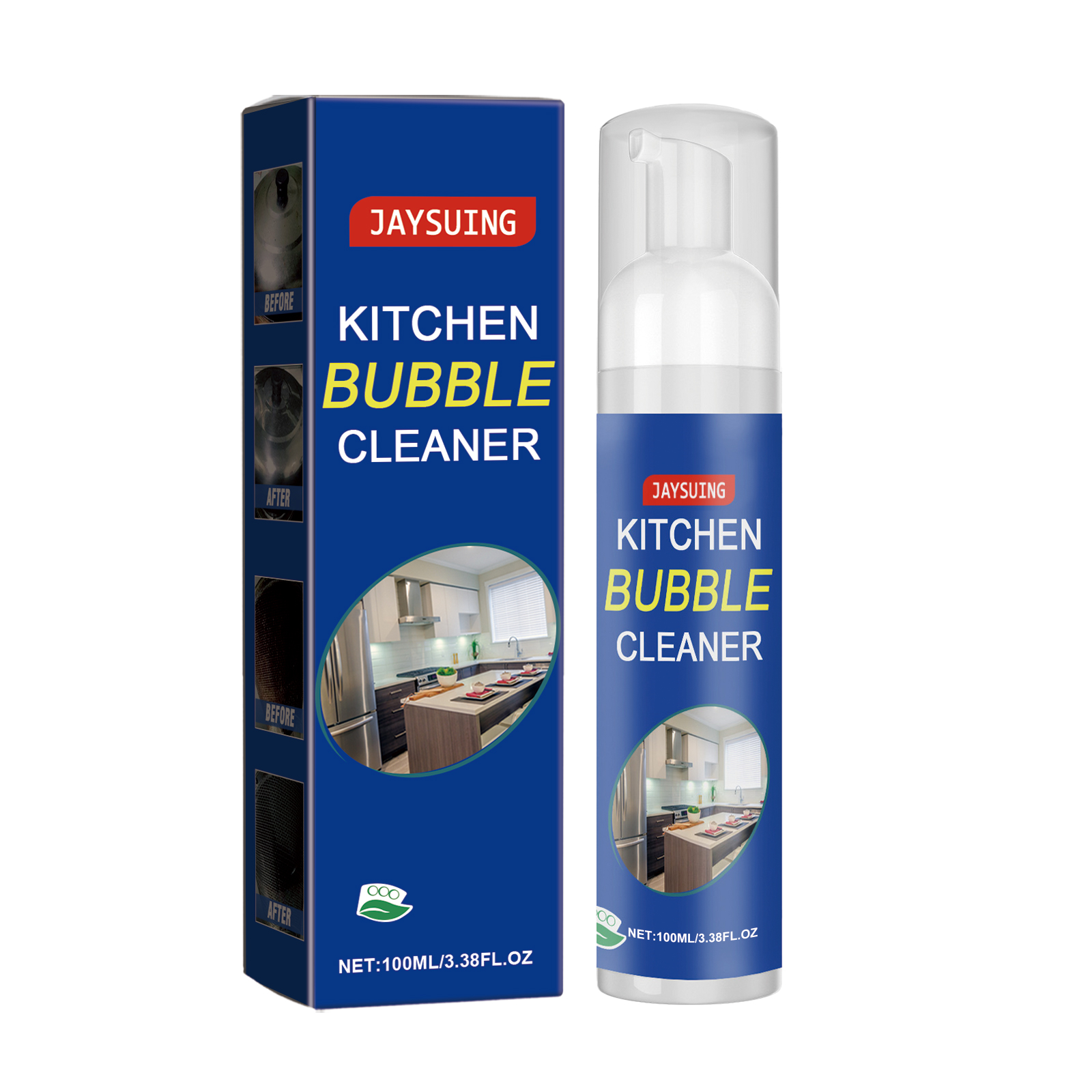 Compact cleaner bottle beside matching retail carton