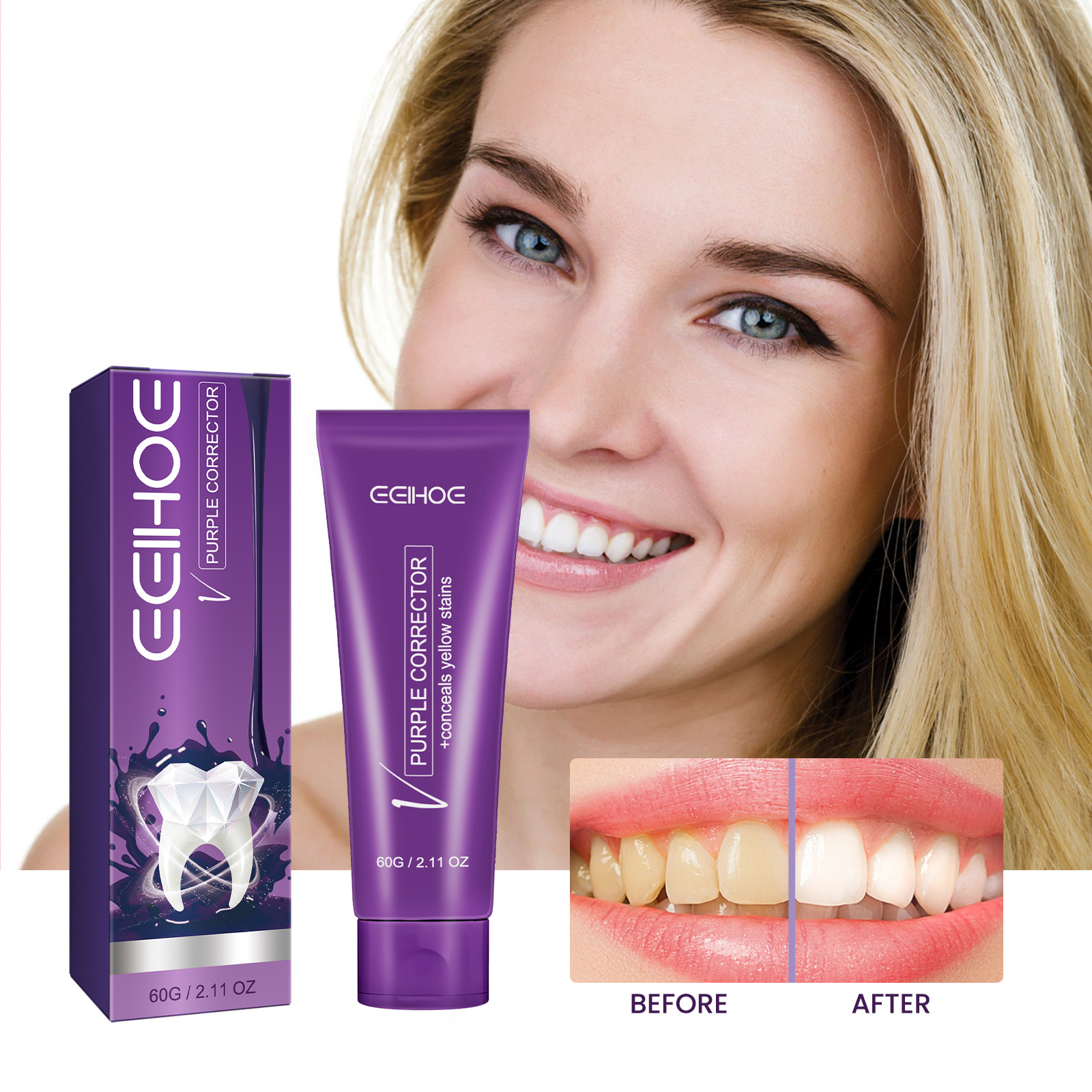 Brighter-looking smile comparison beside purple toothpaste