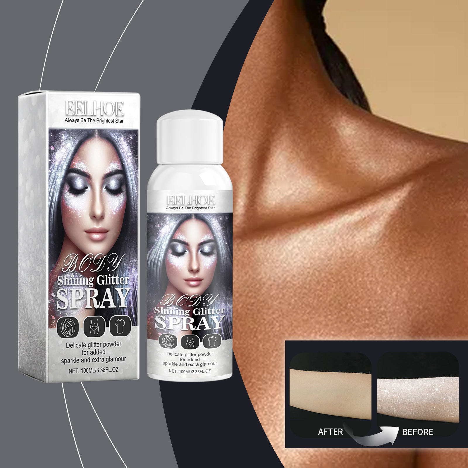 Glitter spray shown beside brightened skin